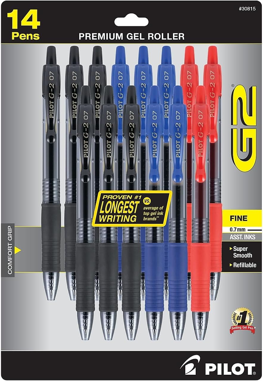PILOT G2 Premium Refillable & Retractable Rolling Ball Gel Pens, Fine Point, Assorted Color Inks, 14-Pack (30815)