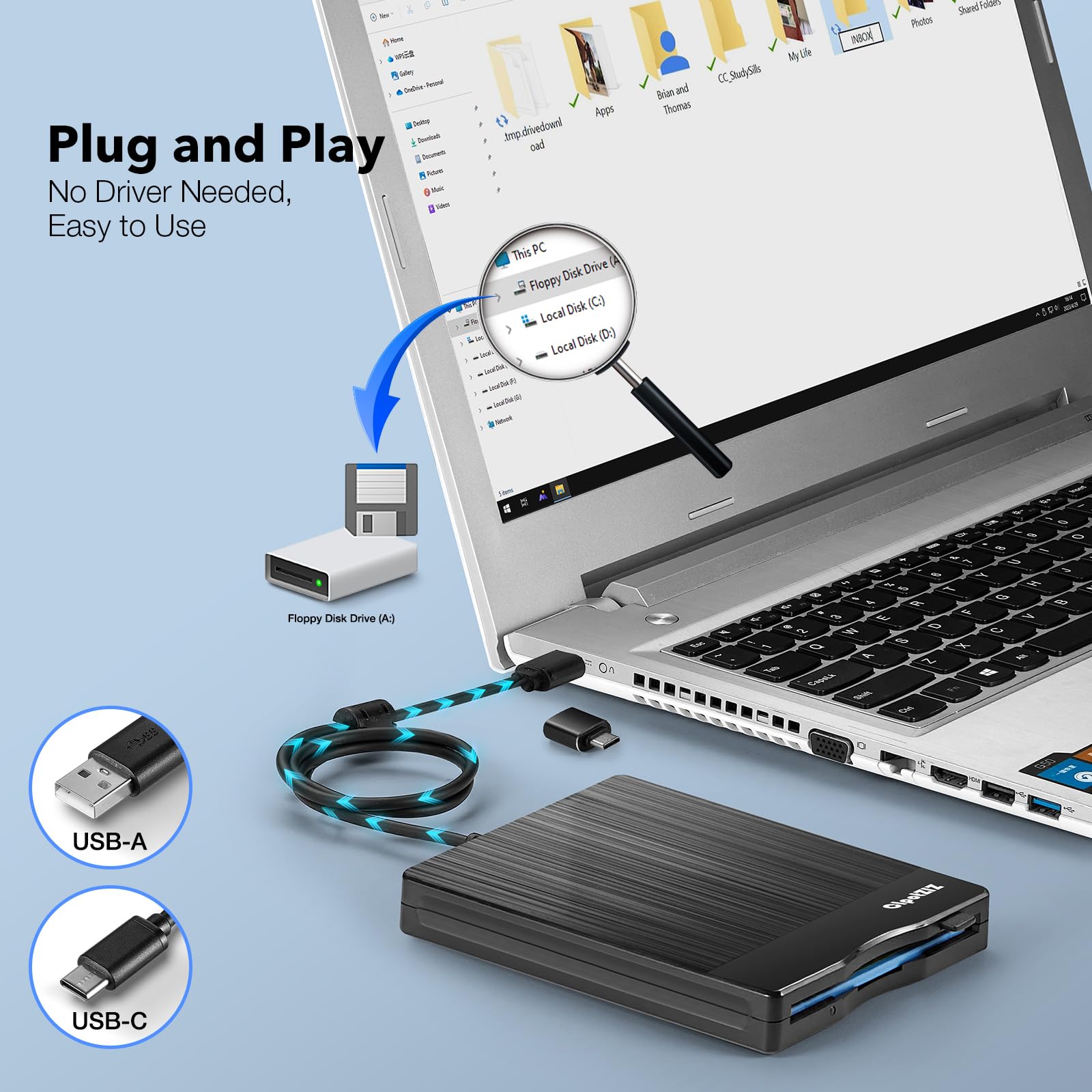 Lettore di floppy disk esterno da 3,5 pollici, USB A&C, unità floppy disk 3 1/2, convertitore/lettore/lettore/trasferimento per laptop desktop PC compatibile con Windows 11/10 (texture spazzolata)