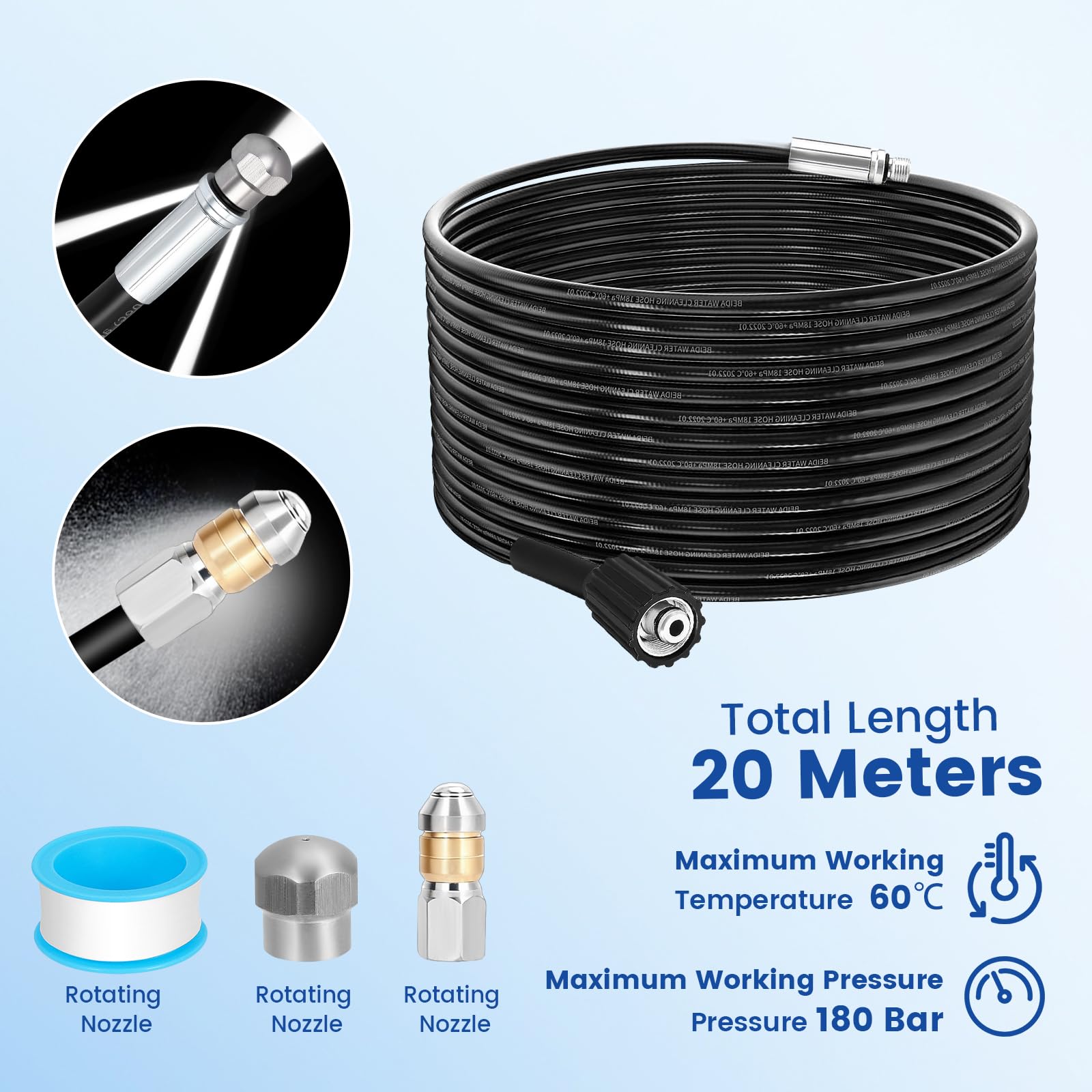 20M Tuyau Déboucheur Canalisation Haute Pression, Tuyau Flexible 180 Bar 60°C, Kit Furet Professional avec Adaptateur,Buse Fixe/Rotative, Rallonge De Tuyau Compatible Avec Kärcher K2-K7