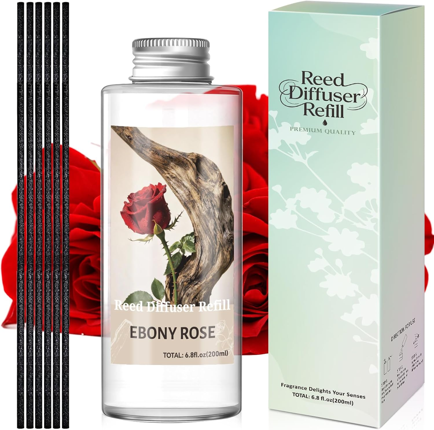 STRN Reed Diffuser Oil Refill, Ebony Rose Scent Diffuser Oil Refill 200ML | with 6 Reed Sticks Room Fresheners for Home, Long-Lasting Summer Fragrance for Living Room, Bedroom, Office