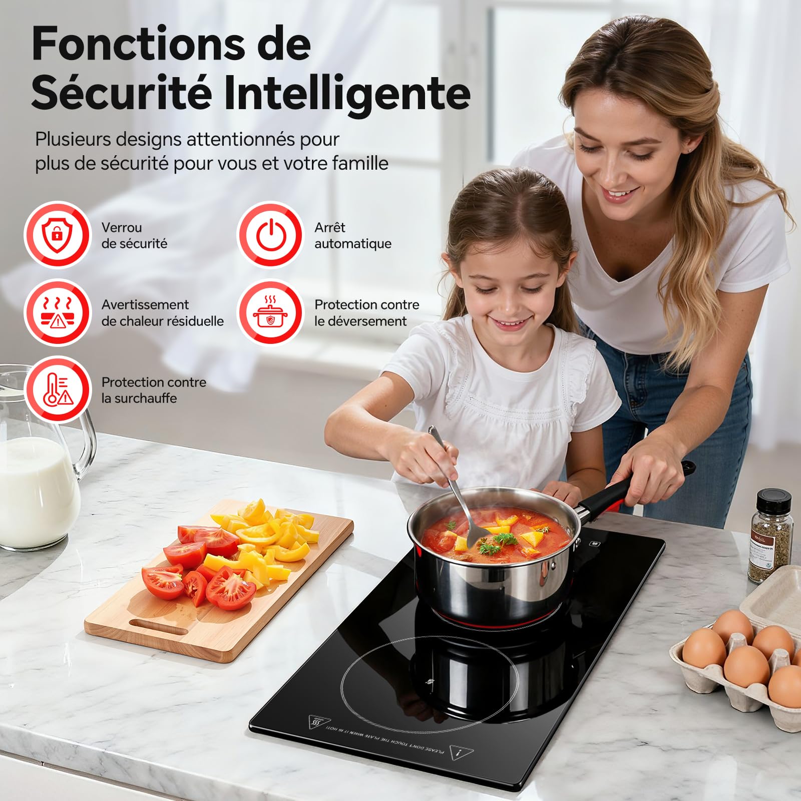Plaque Vitrocéramique 2 Feux, Plaque de Cuisson Electrique 30cm, Encastrable Table de Cuisson Vitrocéramique, Commande Tactile, 3000W, 9 Niveaux de Puissance, Arrêt Automatique, Pour Toutes Les PoêLes - 5