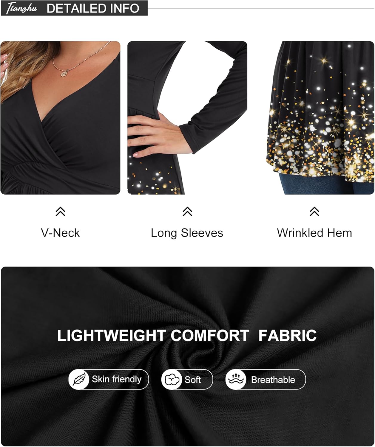 TIANZHU Women's Plus Size V Neck Long Sleeve Tunics Tops Lightweight Blouse Dressy Casual Top Ruched Trendy Clothes - Image 4