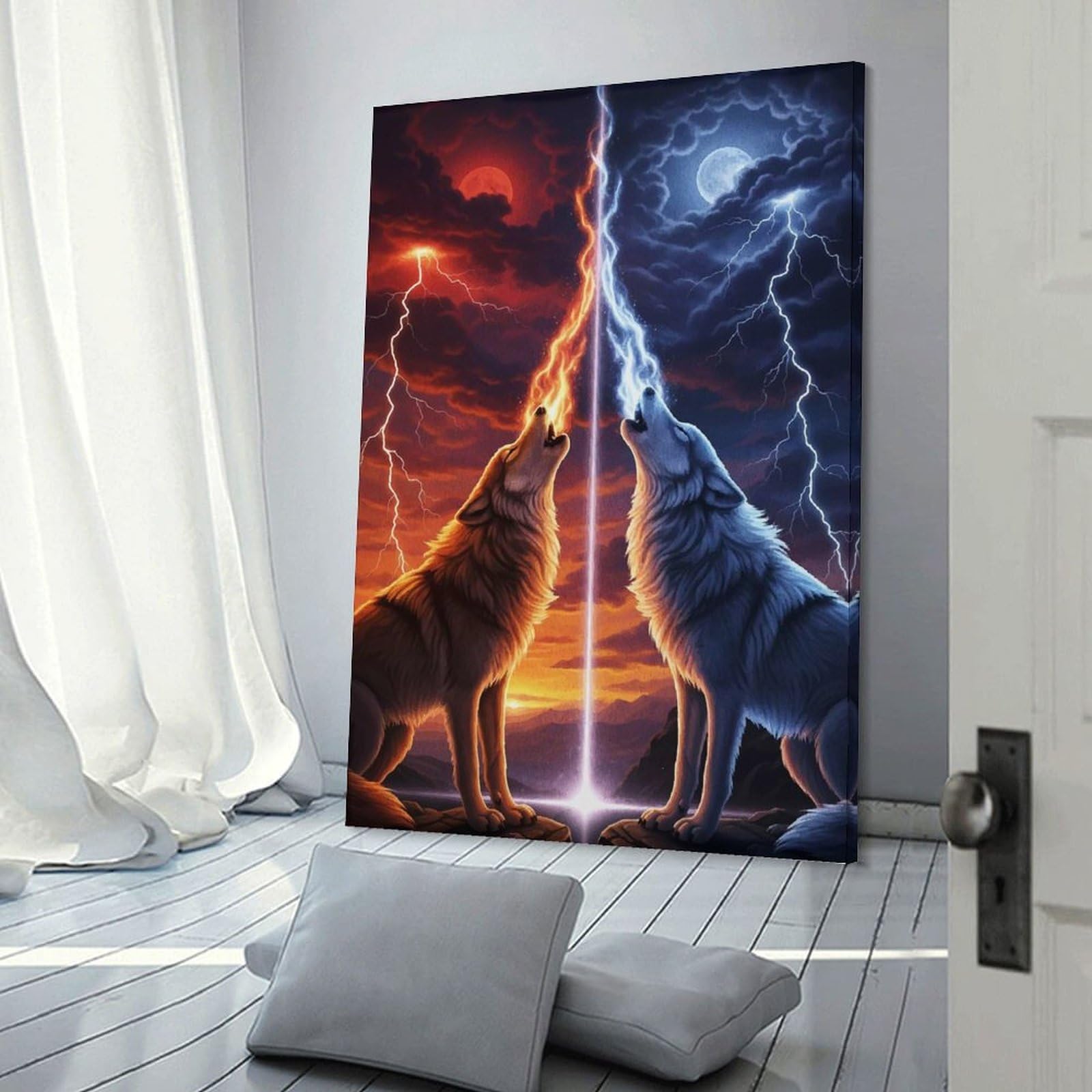 Junmoney Frame-Style-8 Elemental Wolves Howling At The Sky Home Decor Wall Art, 20X30inch(50X75cm), For Apartment Walls, Studios Or Work Areas, Decorative Canvas Decor For Home Updates