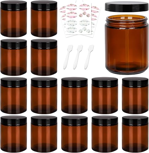 Keketin Tarros de vidrio ámbar de 8 onzas, paquete de 16 recipientes vacíos para cosméticos con forro interior y tapas negras, tarros redondos