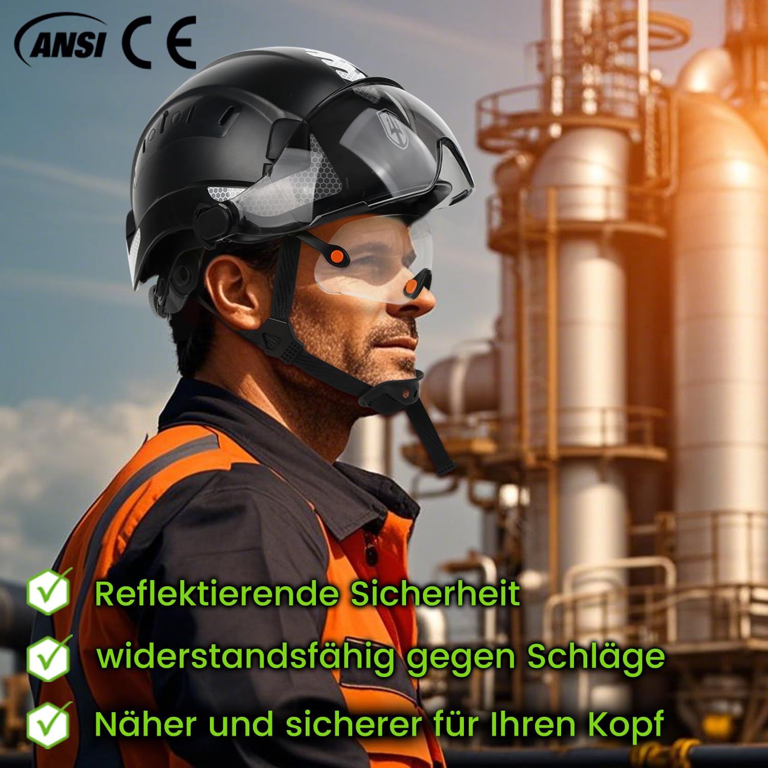 GREEN DEVIL Mervex Vent Set - EN397 & EN166 zertifizierter Industrieschutzhelm mit Doppelvisier (außen getönt/innen klar) + Shield LD Aktives Bluetooth Gehörschutz SNR 32dB