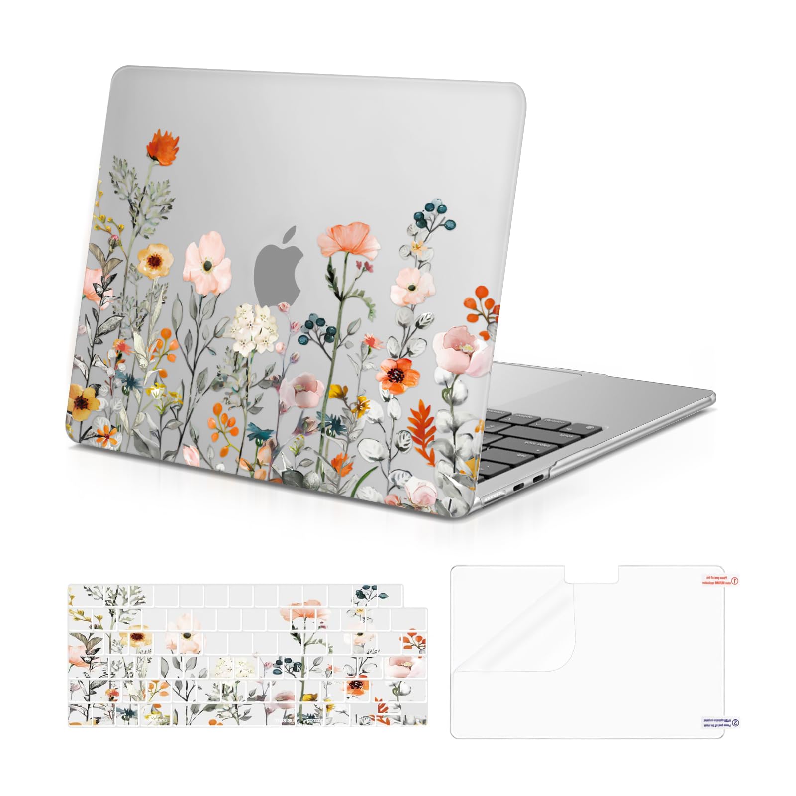 MOSISO Compatible with MacBook Air 13.6 inch Case 2025 2024 2023 2022 M3 A3113 A2681 M2 Chip with Touch ID, Plastic Garden Flowers Hard Shell Case&Keyboard Cover&Screen Protector, Transparent