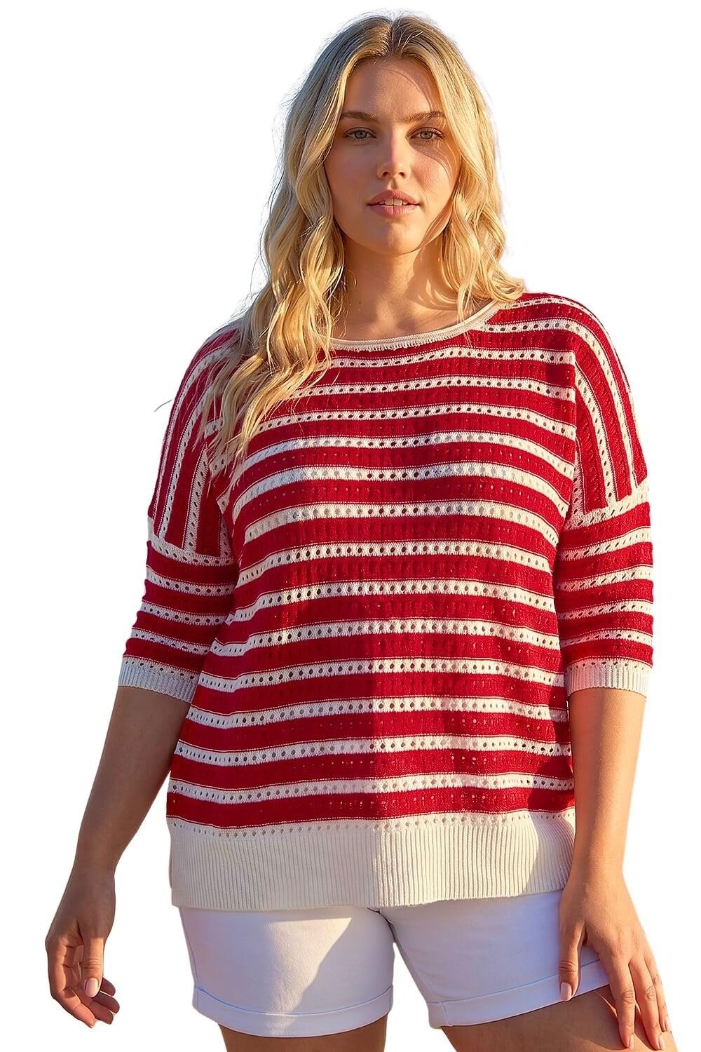 Roman Curve Crochet Stripe Knit Top for Women UK - Ladies Everyday Holiday Spring Summer Round Neckline Comfy Soft Evening Vacation Work Party - Plus Red - Size 20