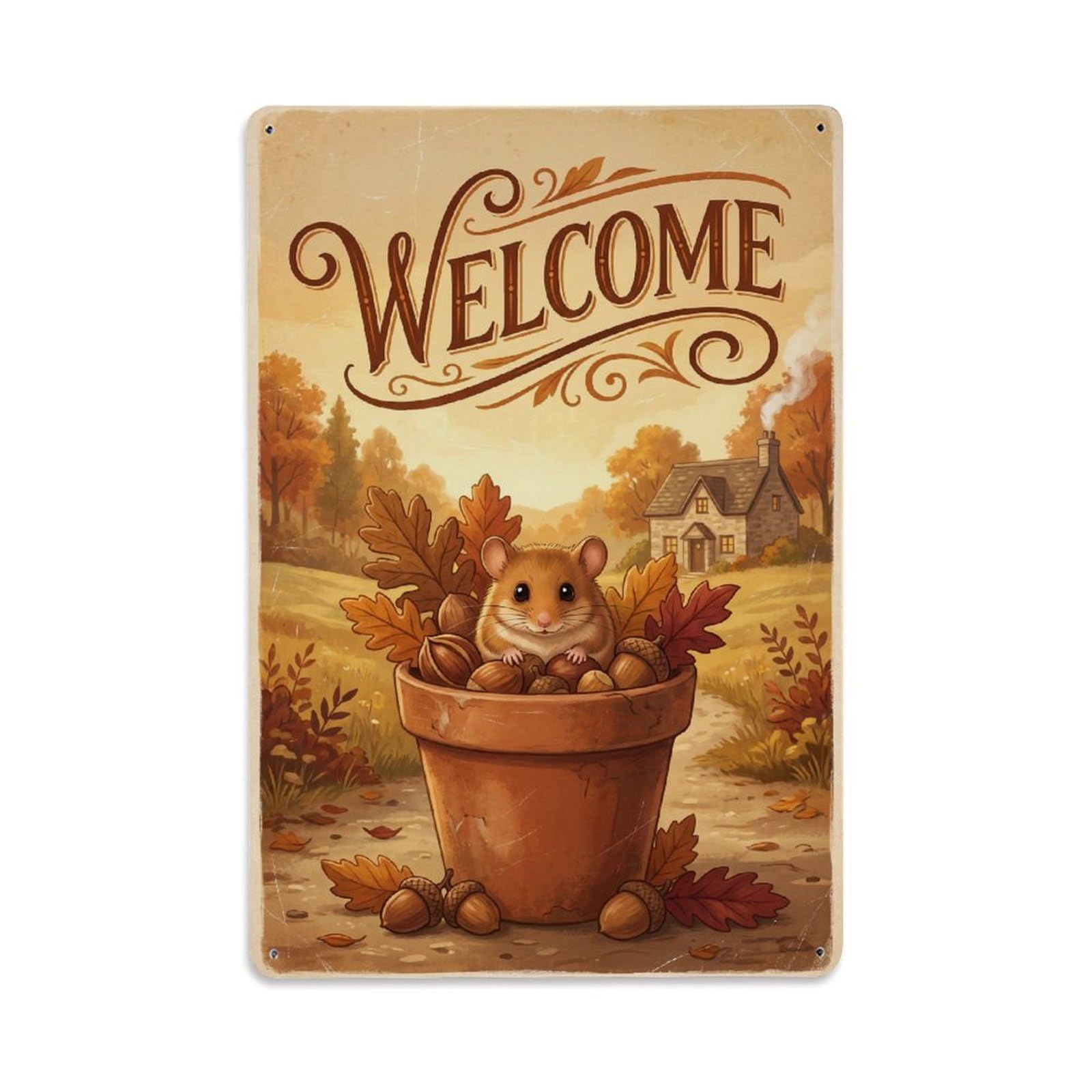 Vintage Welcome Dormouse Harvest Time Metal Tin Sign