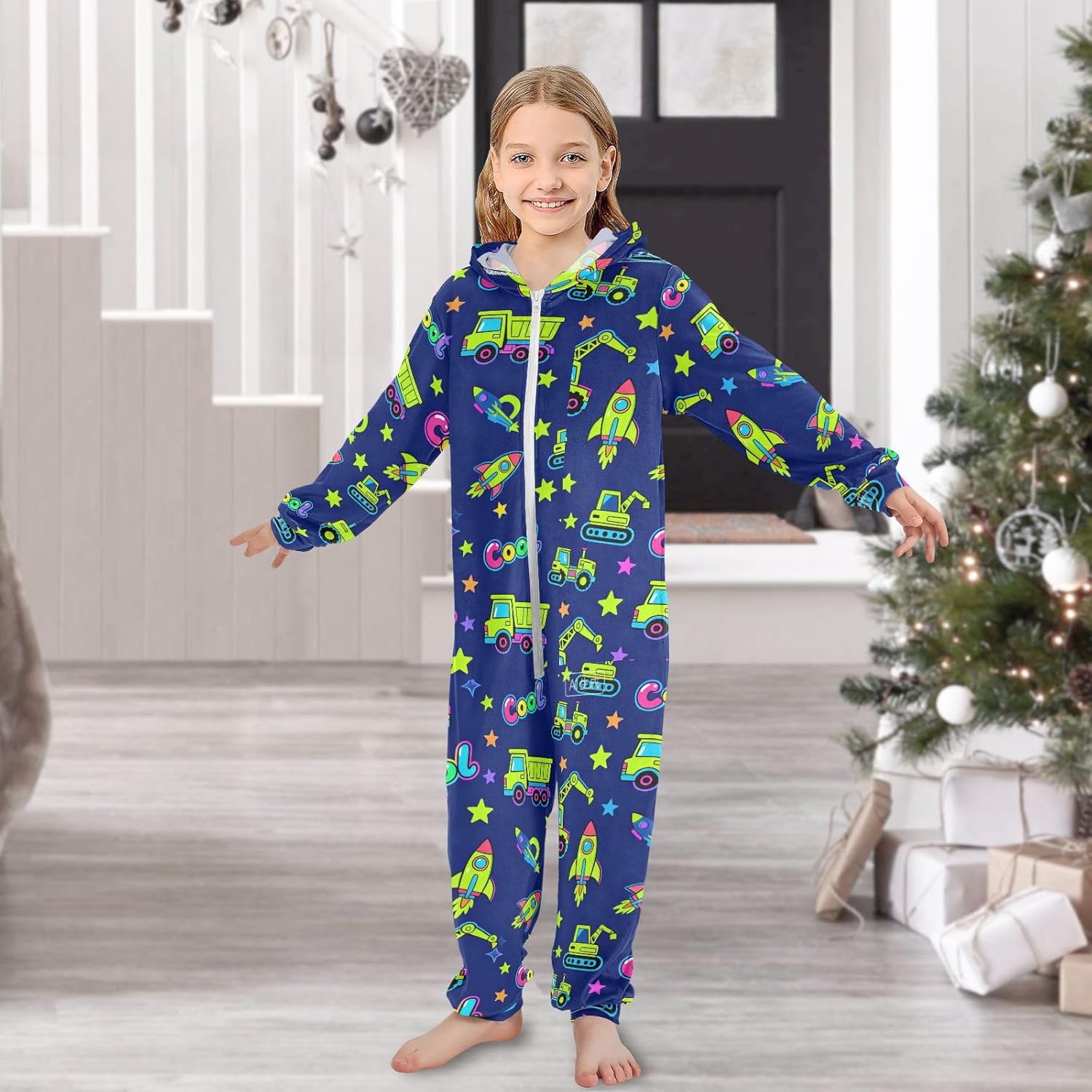 Neon Engineering Vehicle ROCKETS Star Navy Blue Unisex Kids Pajamas Soft Casual Hooded Boys Blanket Sleeper Pjs for