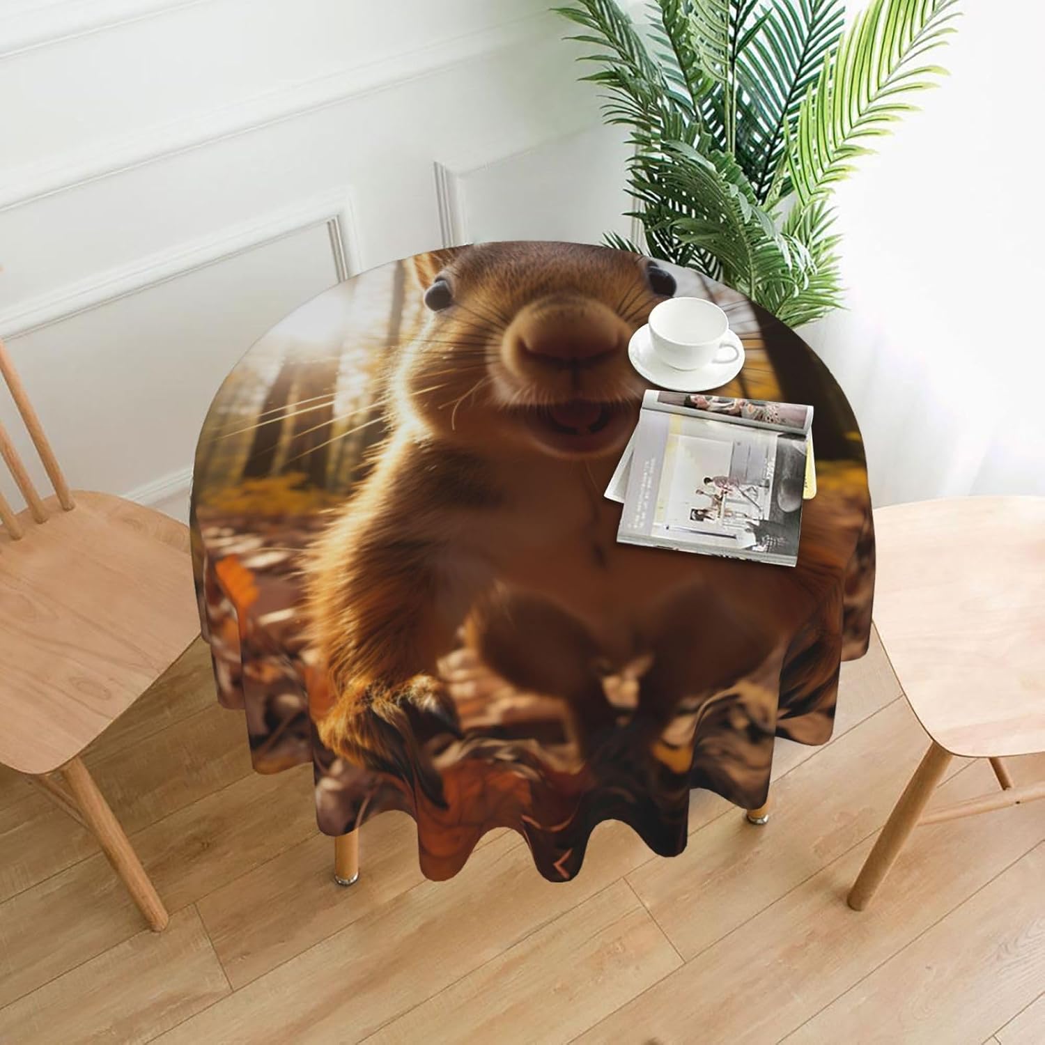 Squirrel Print Wrinkle Free Dining Table Cover for Birthday Party Farmhouse Tablecloths Up to 60 x 60 Inches