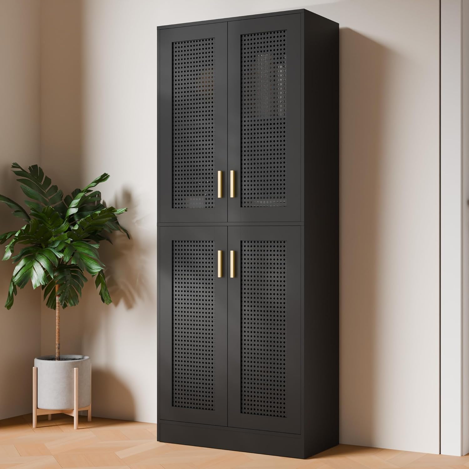 Cozy Castle Kitchen Pantry Cabinet, 71" Tall Rattan Doors Storage Cabinet and Adjustable Shelves, Modern Farmhouse Wood Cupboard Utility Hutch for Kitchen, Dining Room, Living Room (Black)