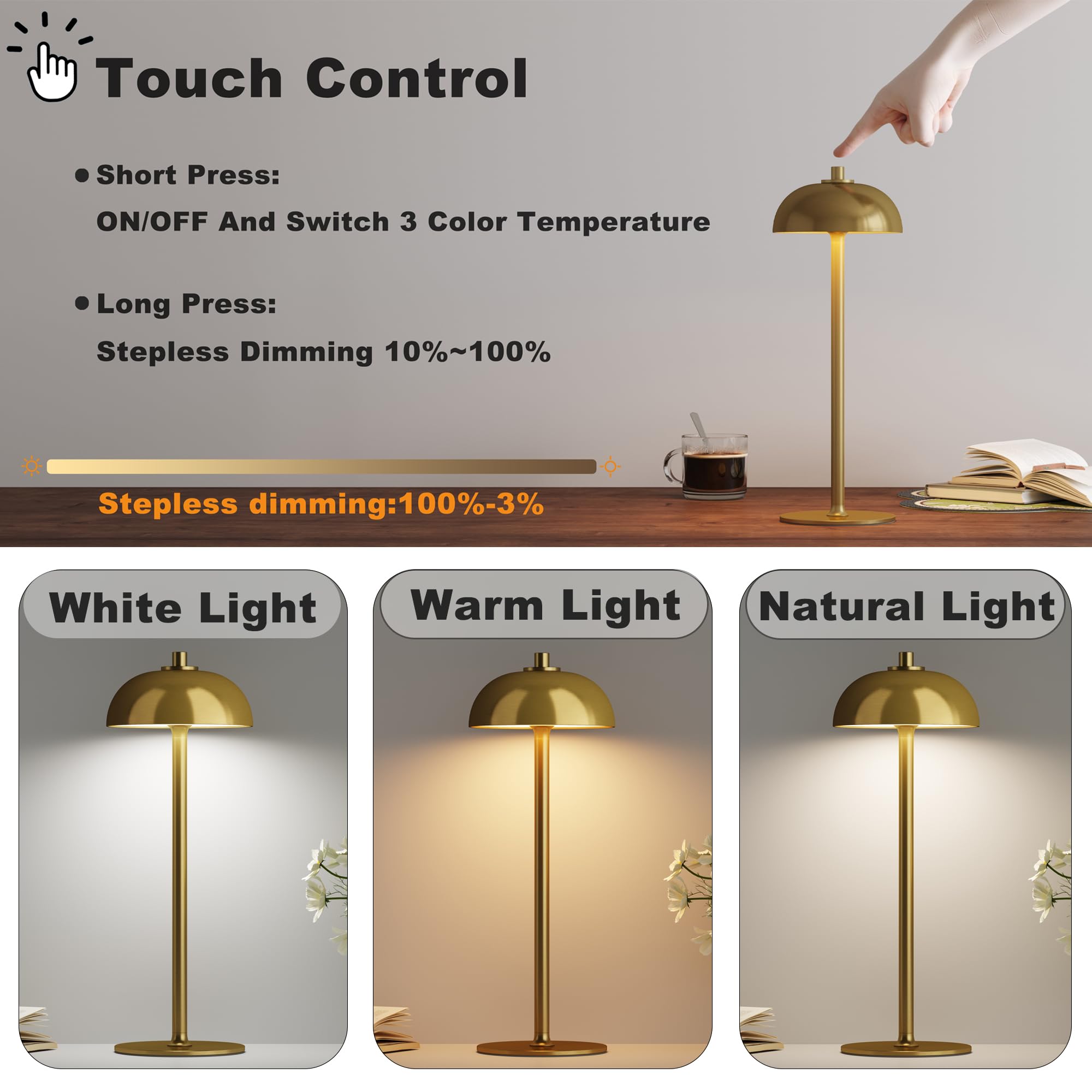 Lot de 2 lampes de table sans fil, 5000 mAh, lampes de table portables rechargeables, 3 modes de couleur, lumière de table à intensité variable en continu avec fonction mémoire, pour dîner