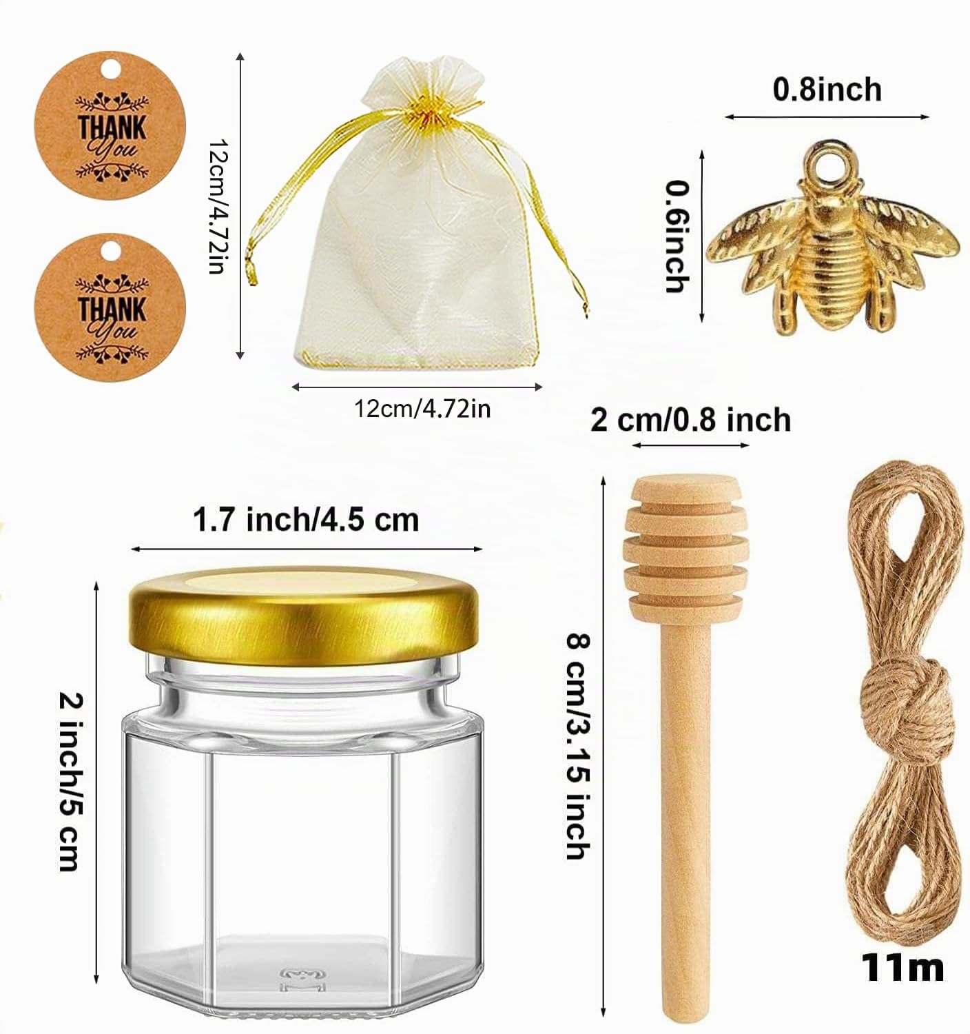 Confezione da 20 barattoli per miele, 45 ml, mini barattoli per marmellata e miele, con cucchiaio per miele, ciondolo a forma di ape, iuta, biglietti di ringraziamento, perfetti per baby