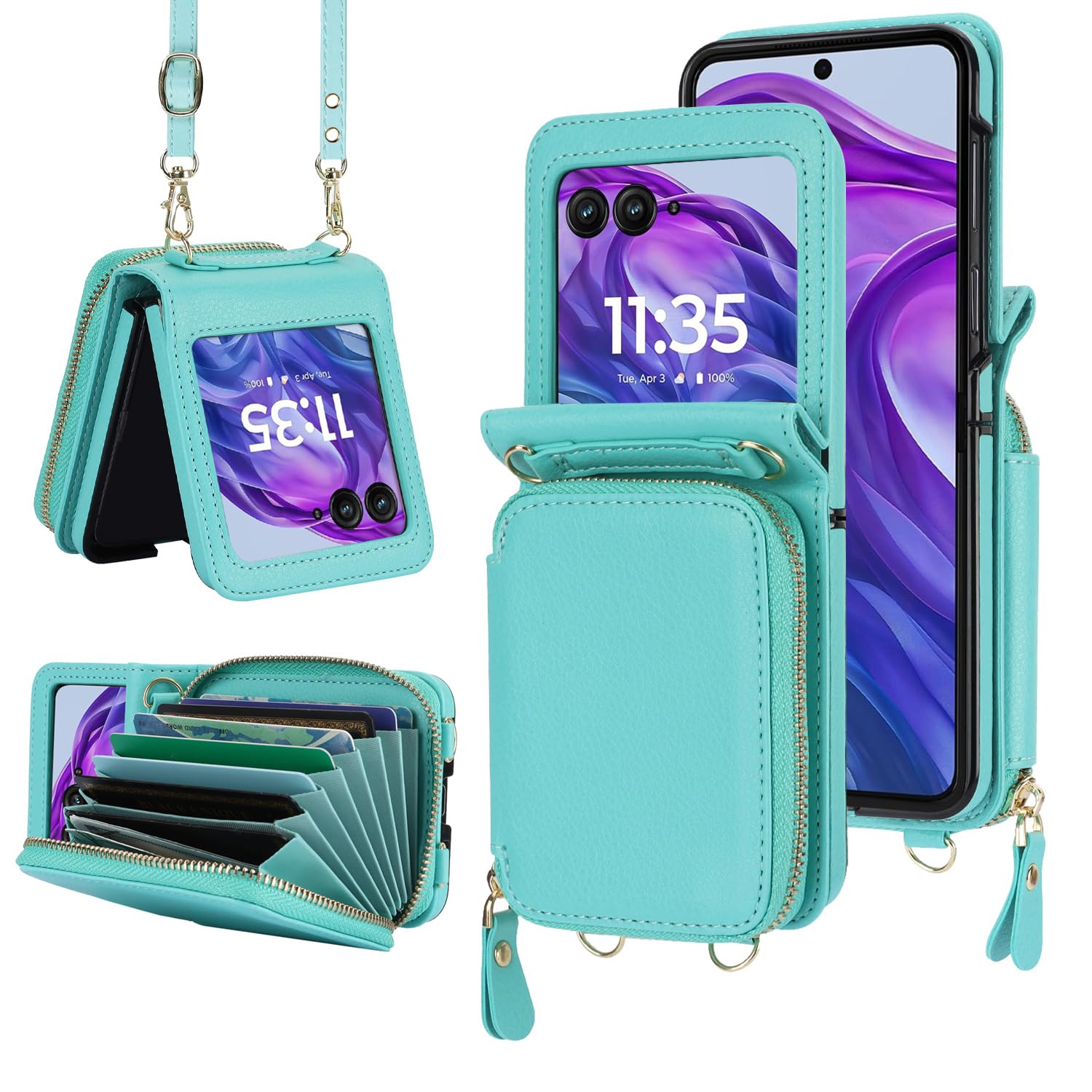 Asuwish Phone Case for Motorola Razr 2024/Moto Razr 50 Wallet Cover with Credit Card Holder Zipper Slot Shoulder Crossbody Strap Lanyard RFID Blocking