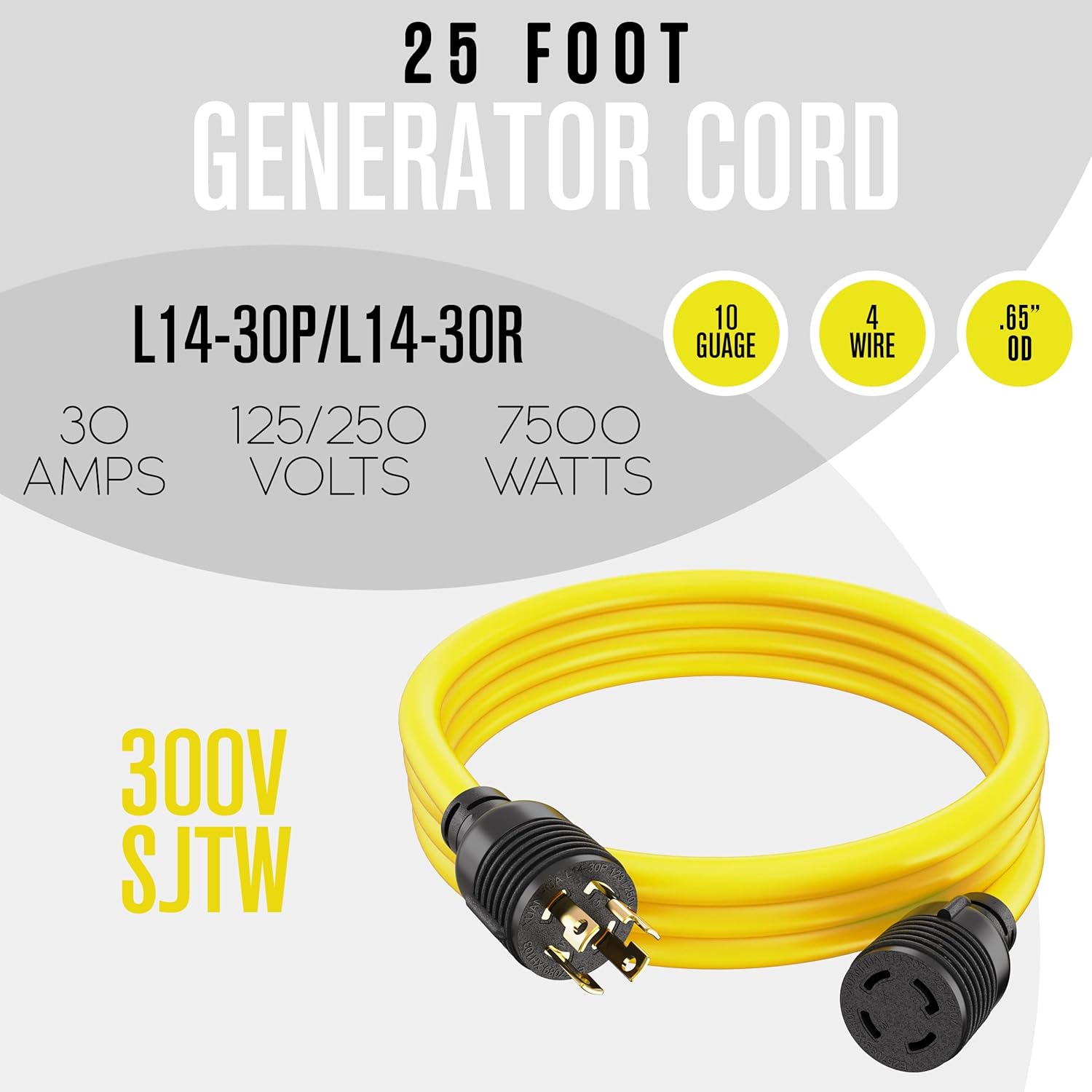 Houseables 30 Amp Generator Cord, Generator Cord, NEMA L14-30P to L14-30R, 30 Amp Extension Cable, 240 Volt, 30amp Power Wire, 4 Prong Plug, Dryer Extension, UL CUL, 10 Gauge, 7500W, Heavy Duty, 25FT