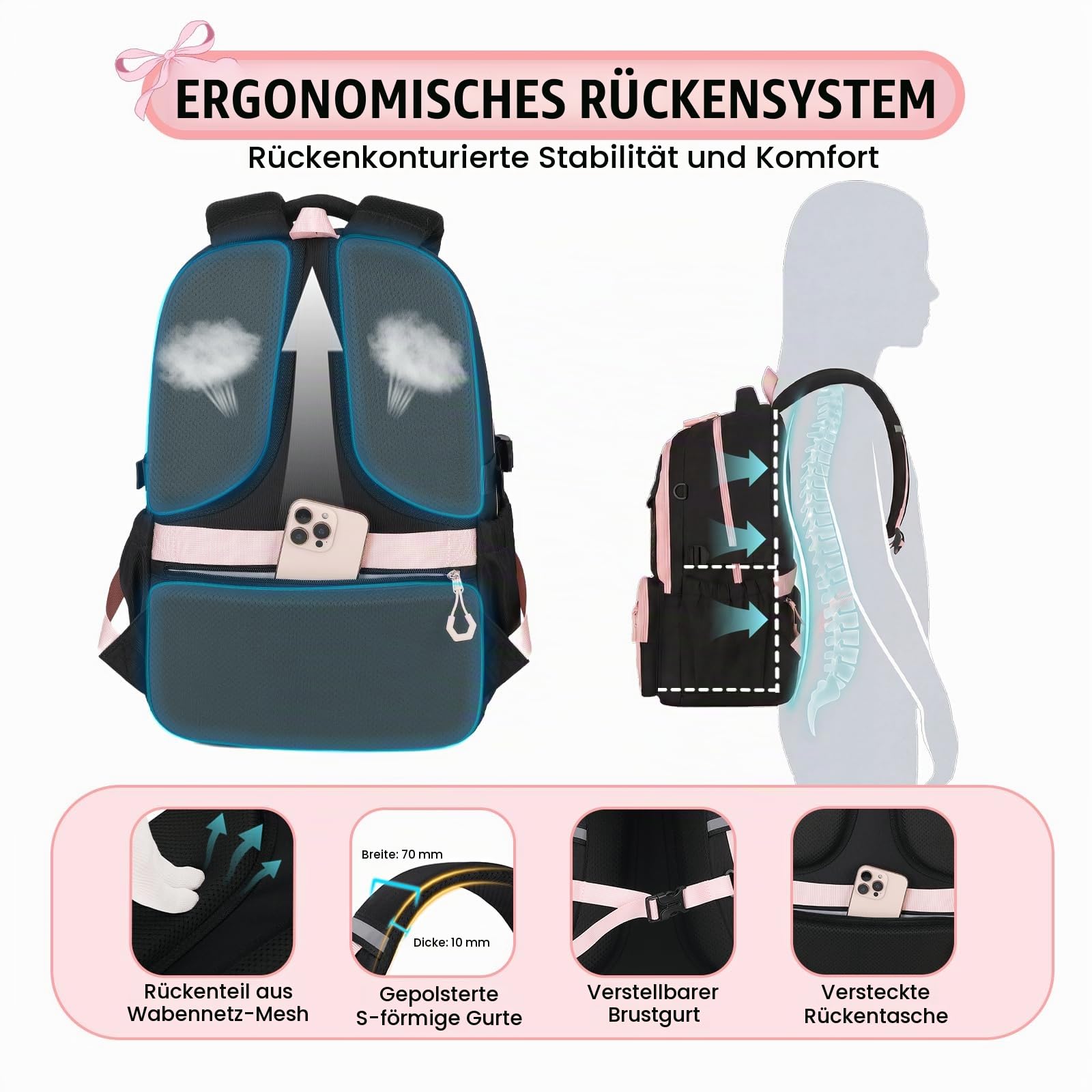 Amythe Schulrucksack für Mädchen 3.-7. Klasse mit Trolley-Gurt, Rosa | Wasserdichter Schultasche für Mädchen 9-16 Jahre mit Reflektoren & Münzbeutel, Leichter Modischer Rucksack für Schule Reise