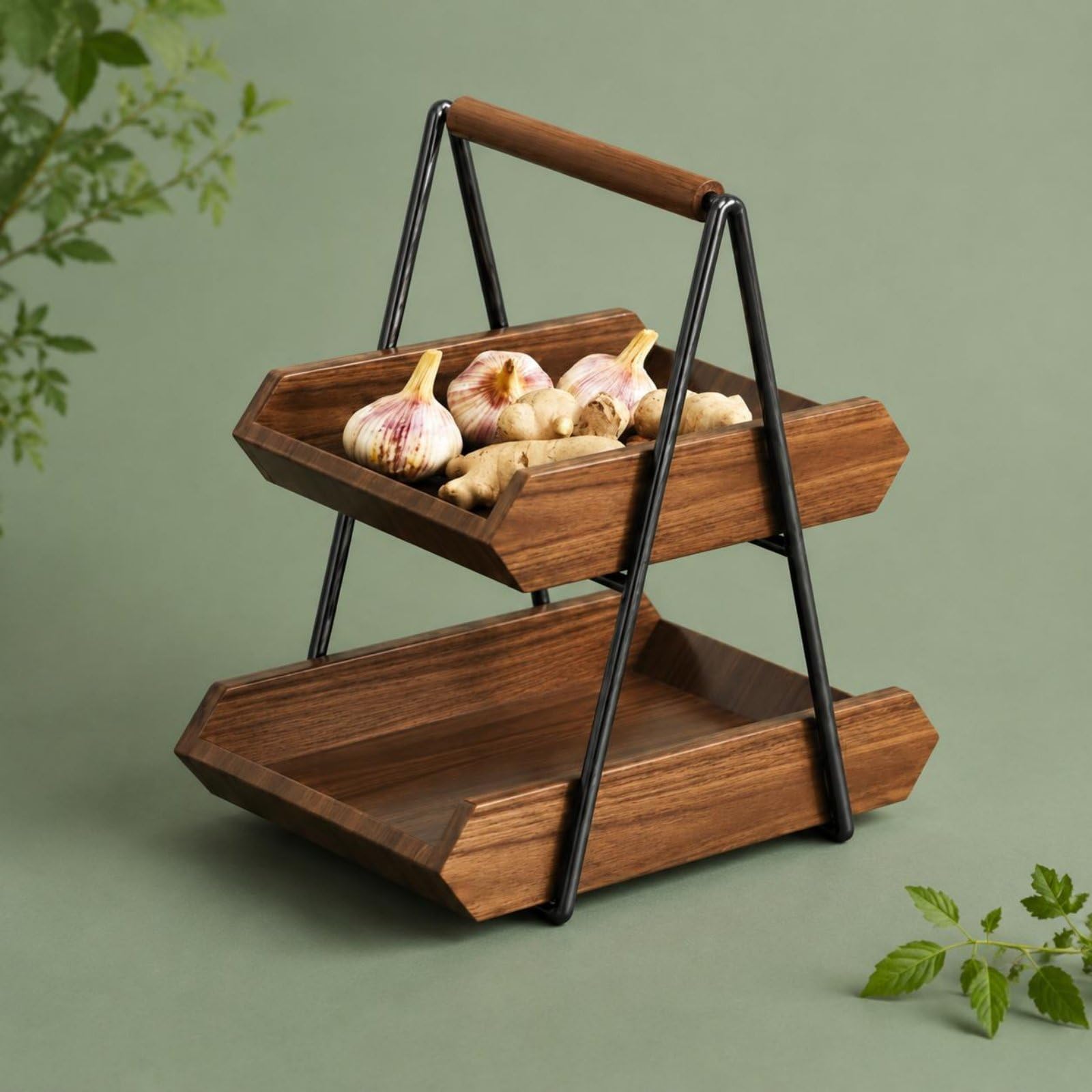 Küchen Aufbewahrungsregal Tischregal Gewürzregal Korbständer Zweistufig Holzoptik mit Griff Stabile Konstruktion aus Gummibaumholz Und Eisen für Lebensmittel Obst Gemüse, color to 4, Groß