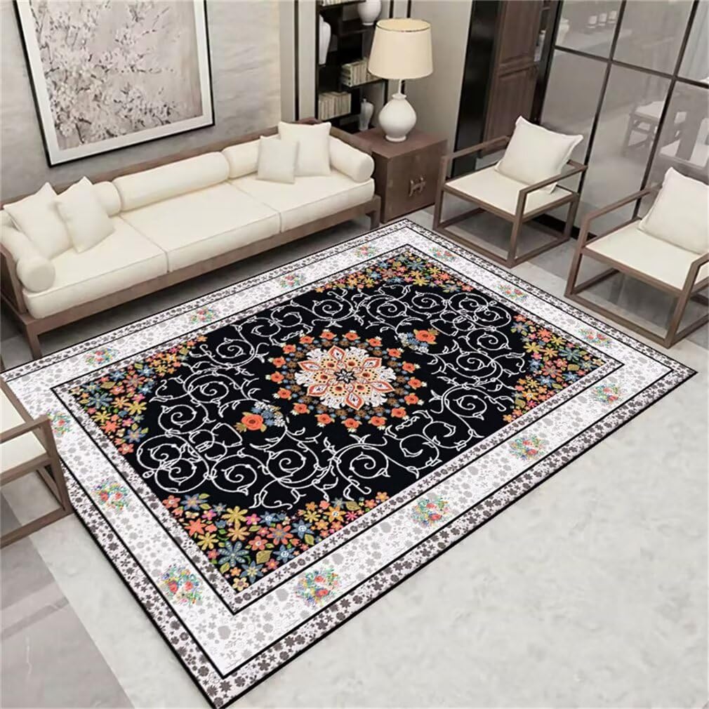 Tapis carré 200x200cm lavable et antidérapant à motif floral noir pour chambre de fille