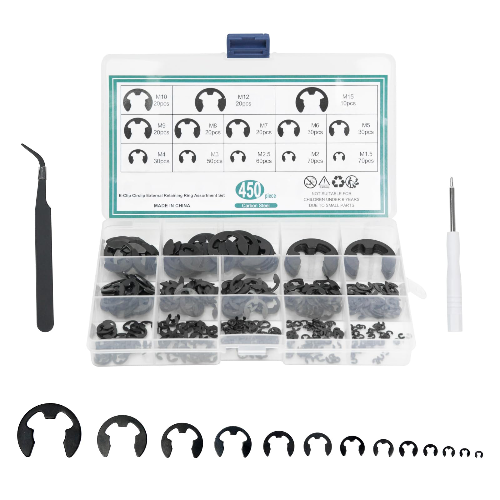 External Retaining Ring E-Clips Set, 450Pcs Snap Opening Ring Circlip Kit, Stainless Steel E-Clip with Screwdriver and Tweezers, Snap Ring Retaining Ring 13 Sizes for Mechanical Repairs