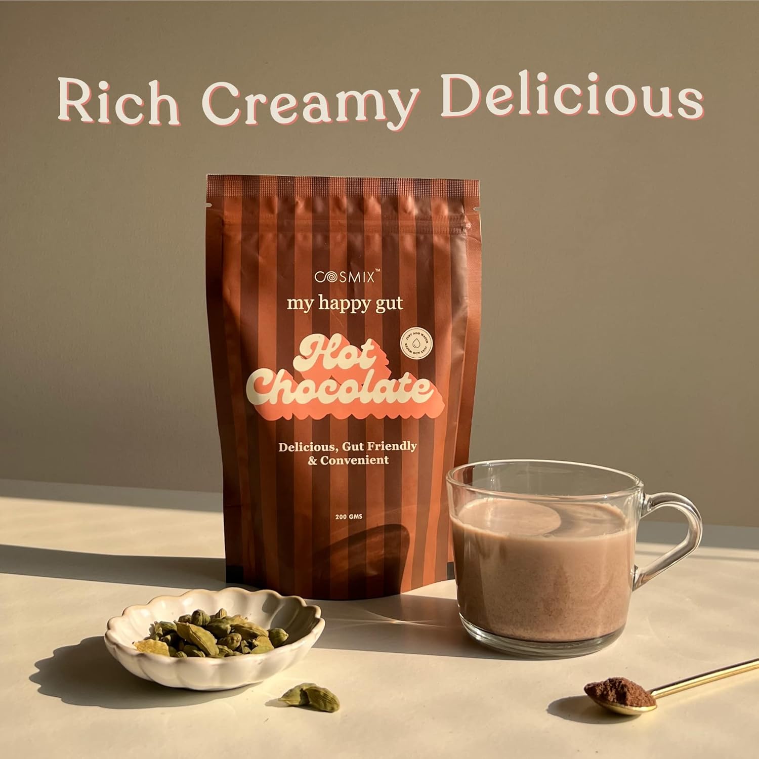 Cosmix - My Happy Gut Hot Chocolate | For Improved Digestion & Overall Gut Health | Zero Refined Sugar, No Preservatives | Vegan | Just add water & Enjoy | 200 gm - Makes upto 14 Cups