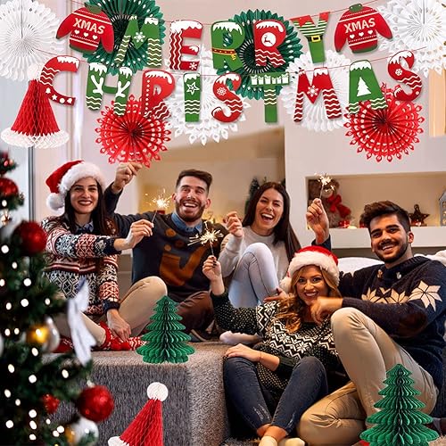 Miniatura 5 de Decoraciones de fiesta de Navidad, pancarta de Feliz Navidad, panal de abeja, sombreros de Papá Noel, árboles, copos de nieve, abanicos de papel