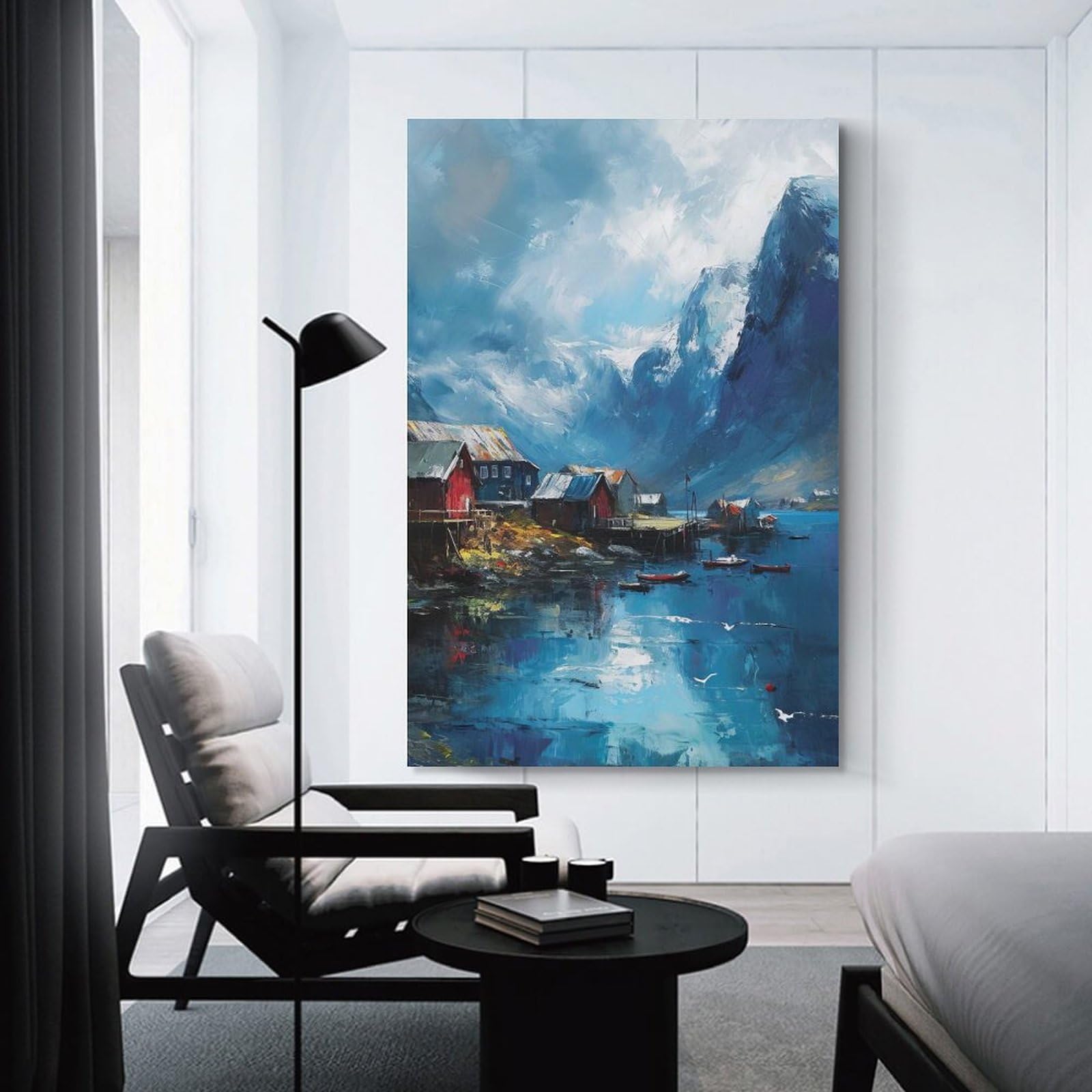 Junmoney Coastal Village Painting with Mountain Backdrop Decorative Wall Artwork 24x36inch(60x90cm), for New Homes, Bedrooms Or Workspaces, A Wall Art Gift for Fresh Interiors