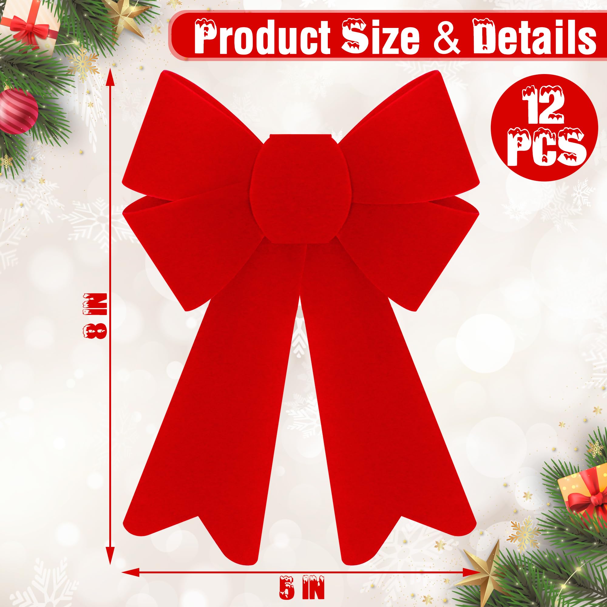 12 PCS Christmas Bows, PVC Christmas Tree Bows 5 x 8 Inches, Red Velvet Bows for Hanging Red Christmas Bows Outdoor Indoor Large Christmas Bows Xmas Decor Party Supplies Wreath Railing Fences