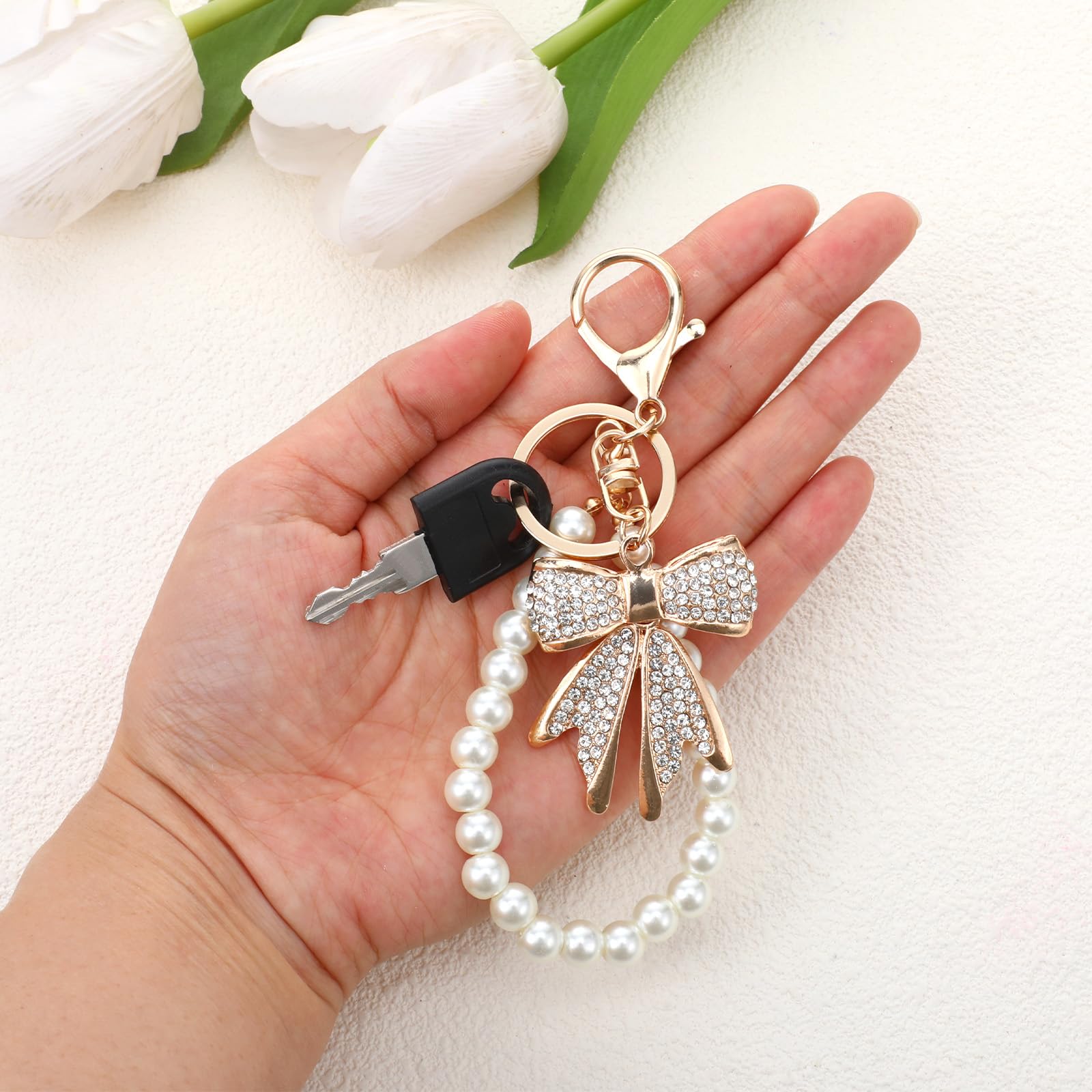 Lnngub 2 Pcs White Rhinestone Bowknot Keychain Imitation Pearl Chains Sparkly Bo