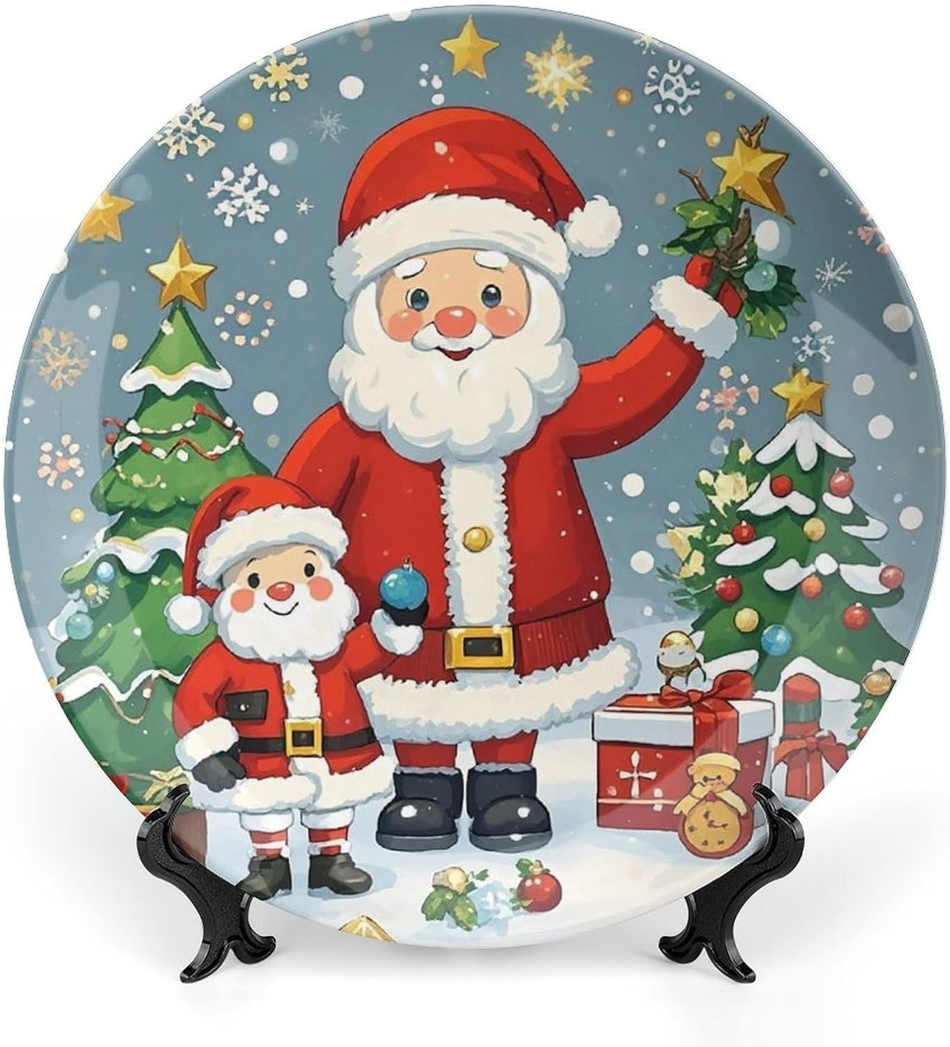 Bone China Decorative Plate with Stand Round Display Plate 6inch | Cute Christmas Holidays Decorative Dish Art Porcelain Plate Ceramic Decorative Plate for Home Office Wall Decor