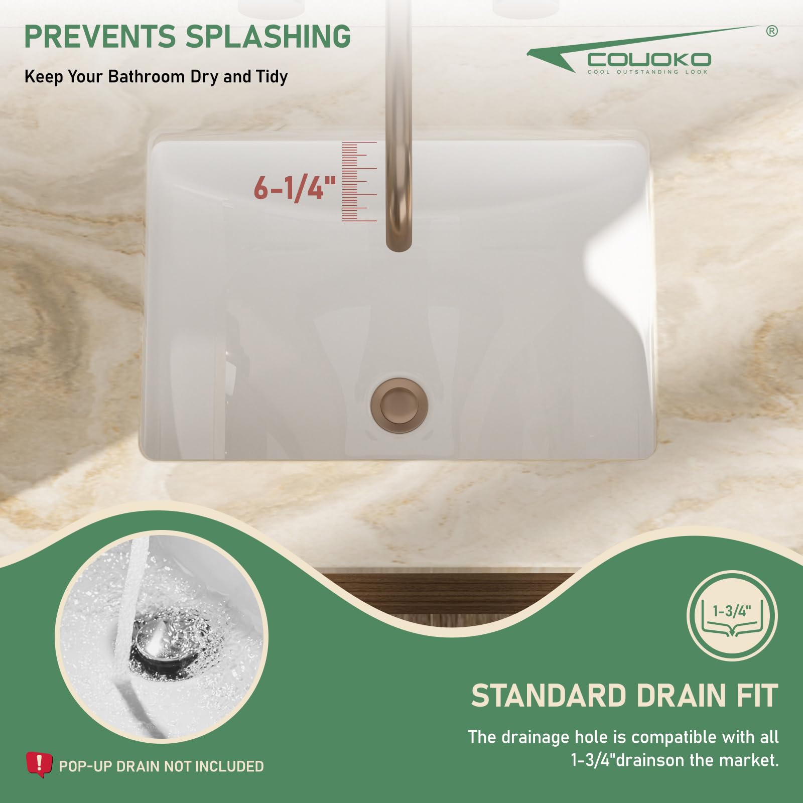 Fregadero de baño de 50 x 35,5 cm, rectangular, color blanco, de porcelana, lavabo, lavabo de cerámica blanca con desbordamiento