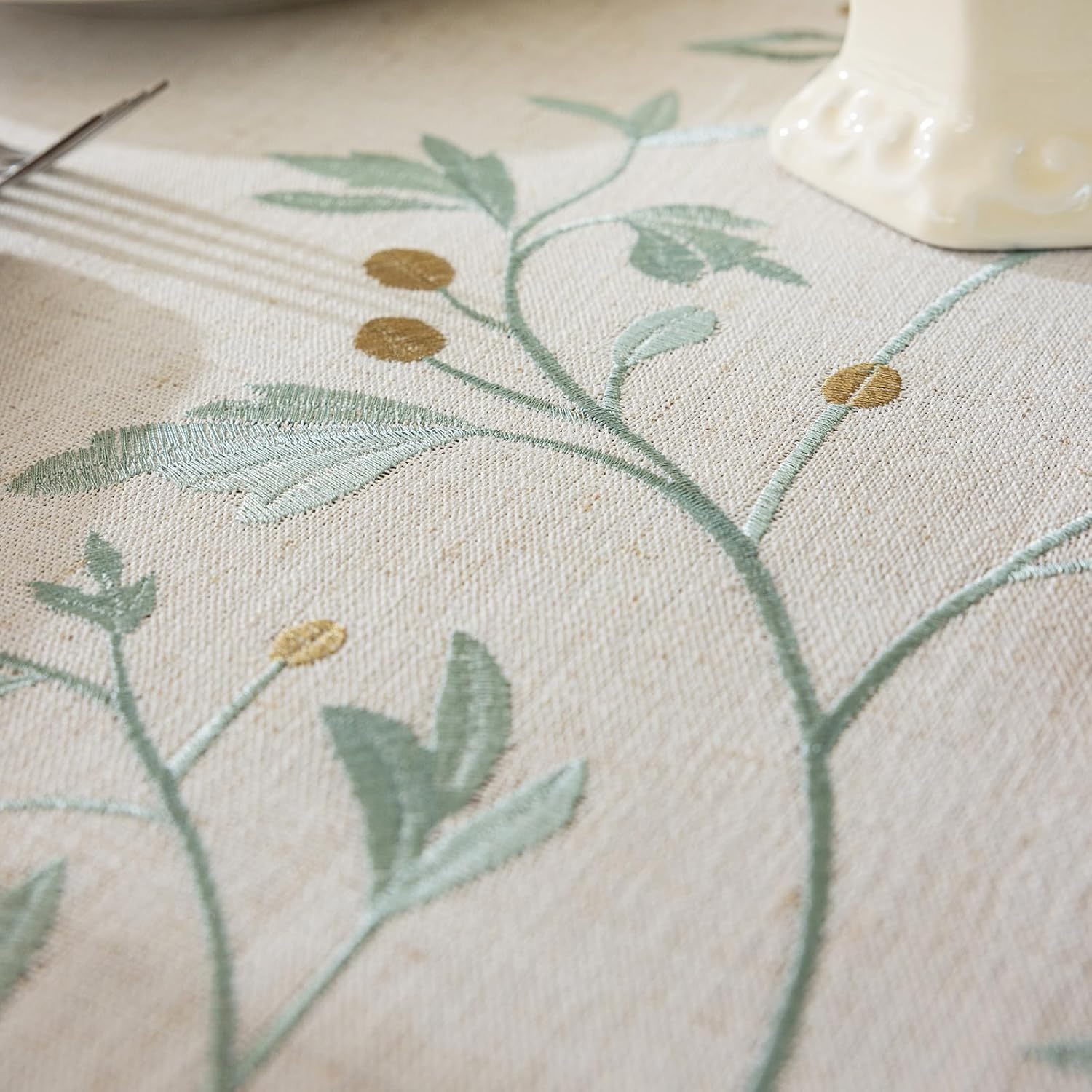 Joyfol Day Rustic Waterproof Linen Tablecloth, Heavy Weight Beige Embroidery Table Cloths for Rectangle Tables, Burlap Farmhouse Table Covers (Green Leaves, 55''x 120'')