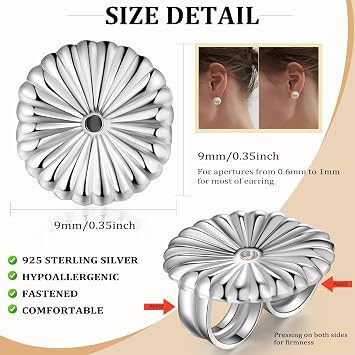 Earring Backs, Hypoallergenic Replacements for Stud Sterling Silver Locking Flat Earrings Backs Safety Lifter