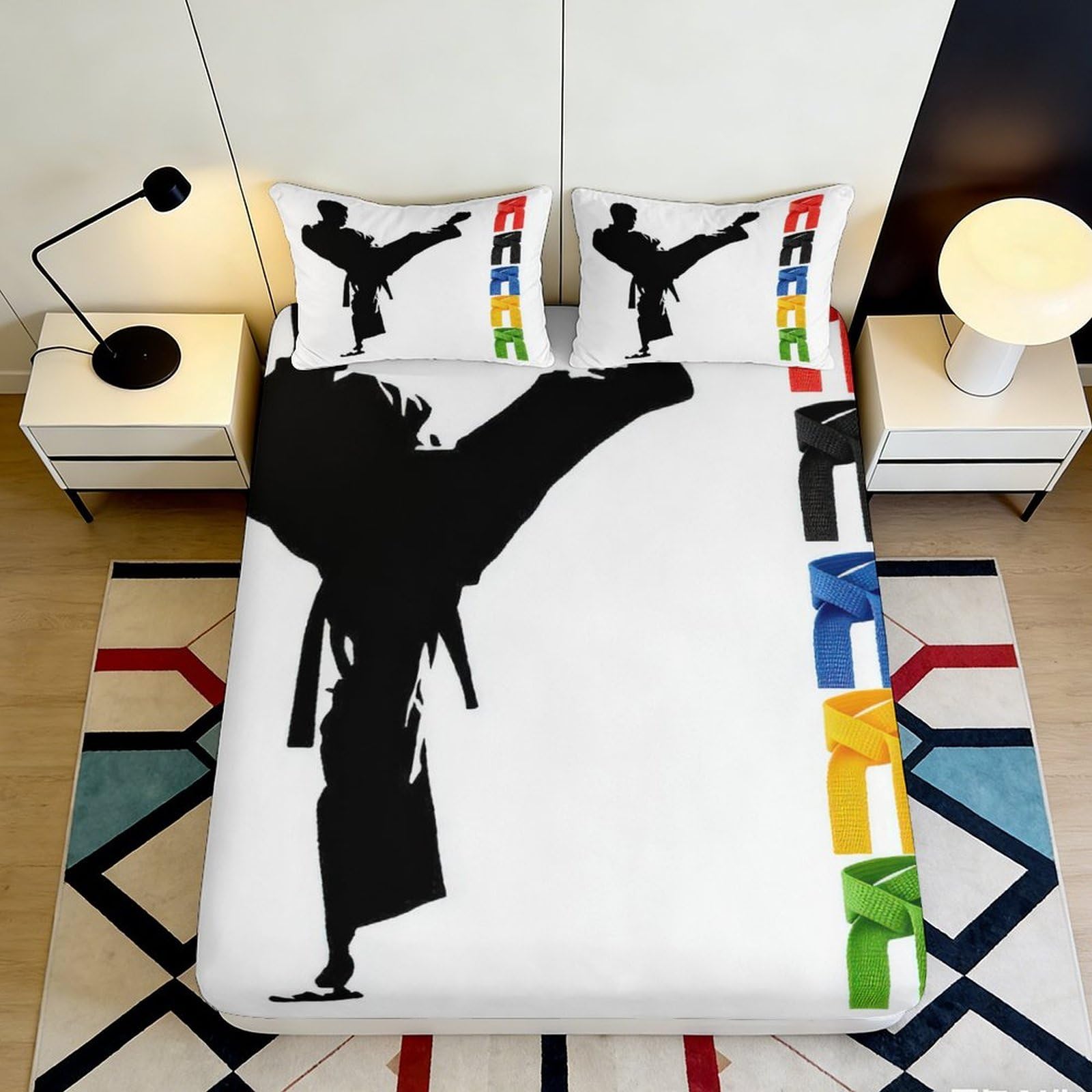 Pnayamiorkfel Style-1 3D Printed Karate Silhouette Fitted Sheet Microfiber Anti-Slip Martial Arts Belt Bed Cover For Bedroom Decor 90X200x25cm