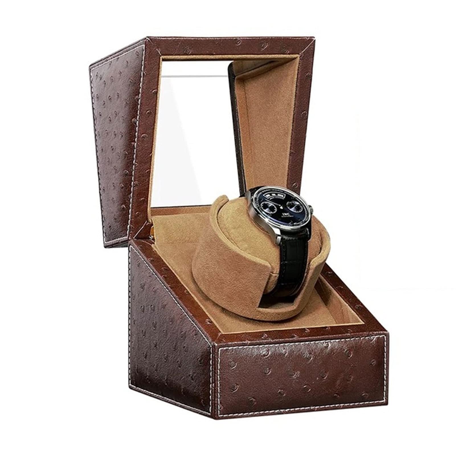 Caja expositora para Relojes, Estuche enrollador Individual para Relojes automáticos, con Motor súper silencioso, 4 Modos de rotación, Almohadillas Flexibles para Relojes，Brown Leather