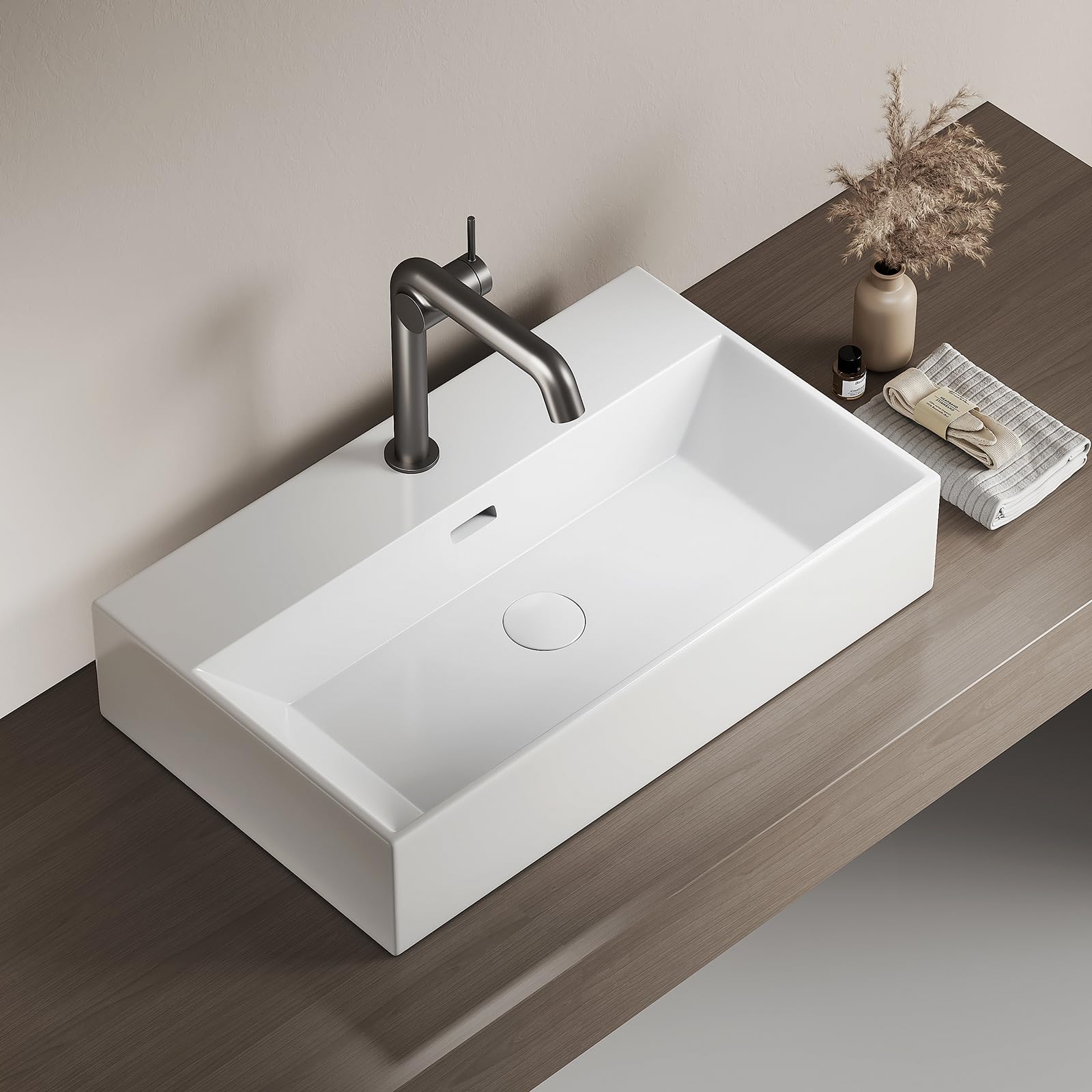 EMKE Lavabo de Diseño con Borde Fino 60 x 36 x 13 cm, Blanco Brillante | Lavamanos de Cerámica Cuadrado, Lavabo sobre Encimera o Suspendido para Baño (Solo Lavabo)