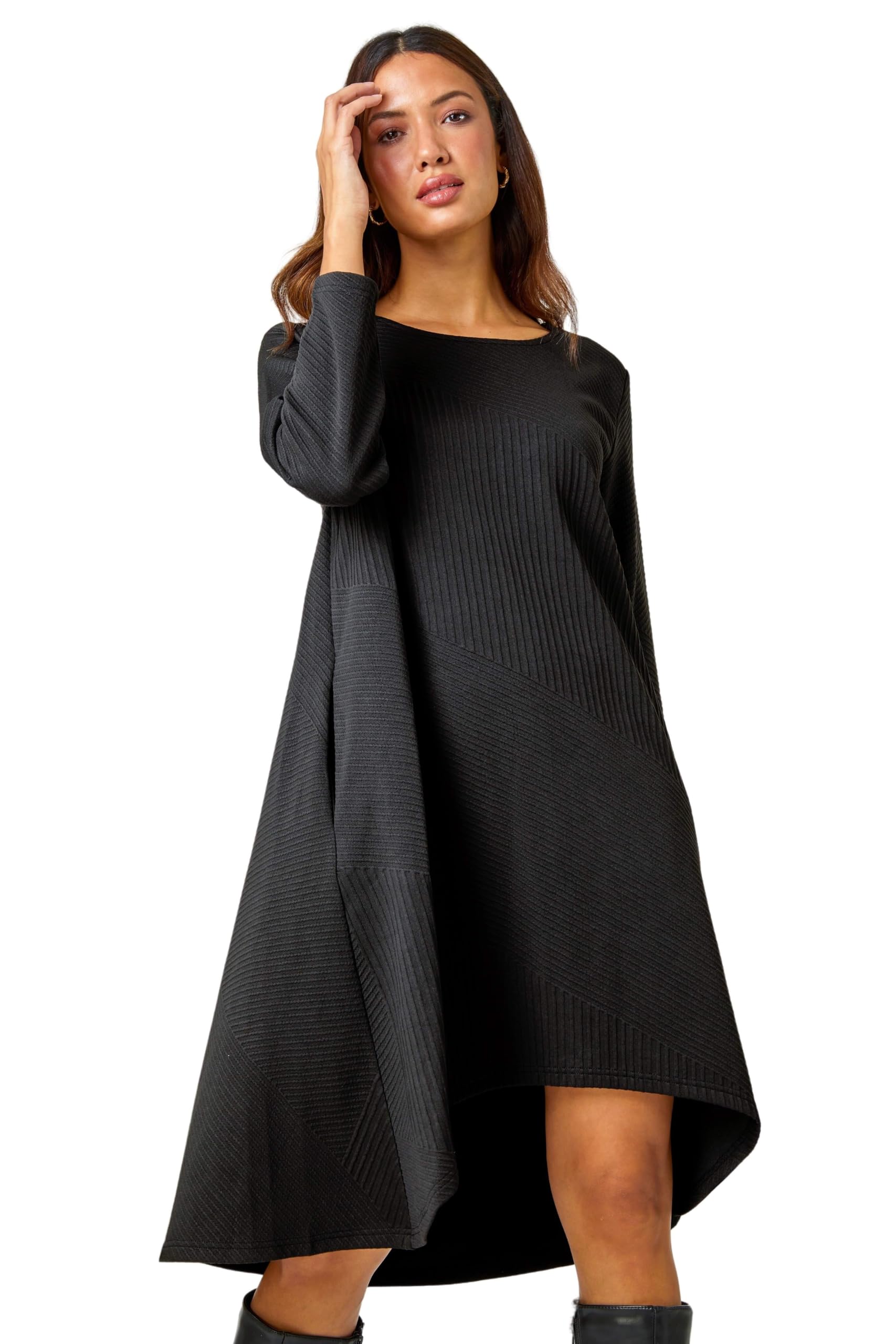 Roman Ribbed Asymmetric Stretch Dress for Women UK Ladies Autumn Everyday Winter Holiday Round Neckline Comfy Long Sleeve Soft Dipped Hemline Frock Desk to Dinner - Black - Size 20