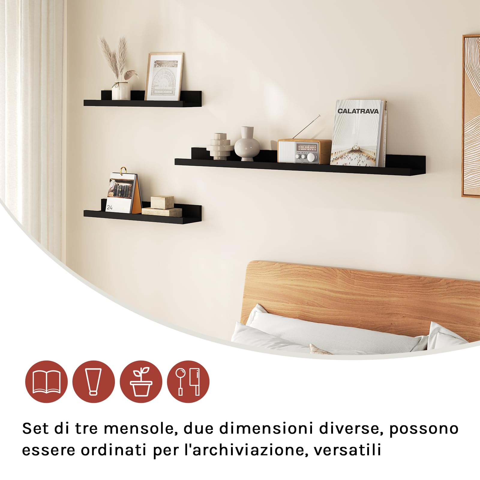 WOLTU Mensole da Muro Design Set di 3, Scaffale Galleggiante con Bordo, Decorazione Parete per Soggiorno Ufficio Camera da Letto Cucina, Nero