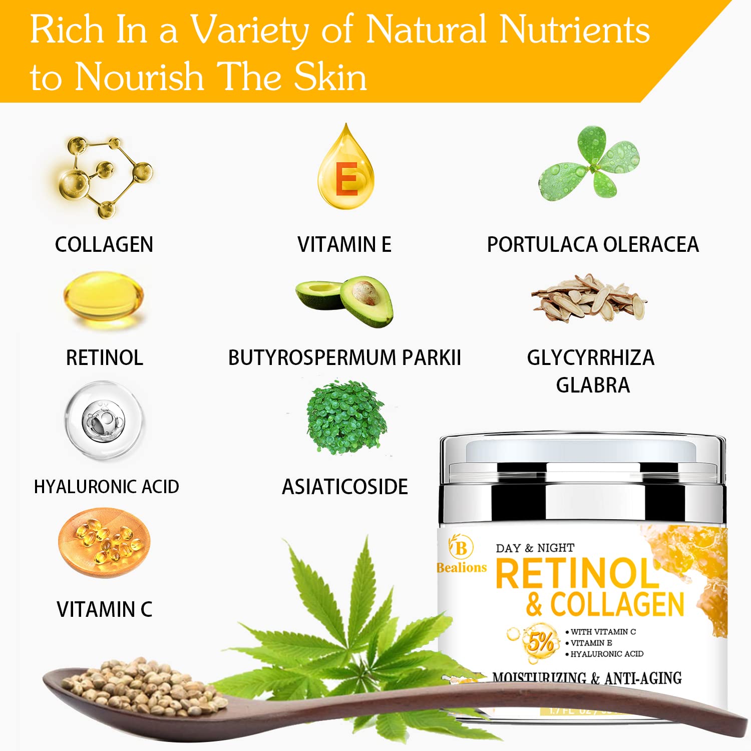 Retinol Collagen Cream with Hyaluronic Acid for Face Moisturizing and Anti Aging; Facial Moisturizer for Firming Skin Anti-Wrinkle Reduce Fine Lines with Vitamin C+E Natural-Ingredient Designed by USA Day&Night for Men & Women : Beauty & Personal Care