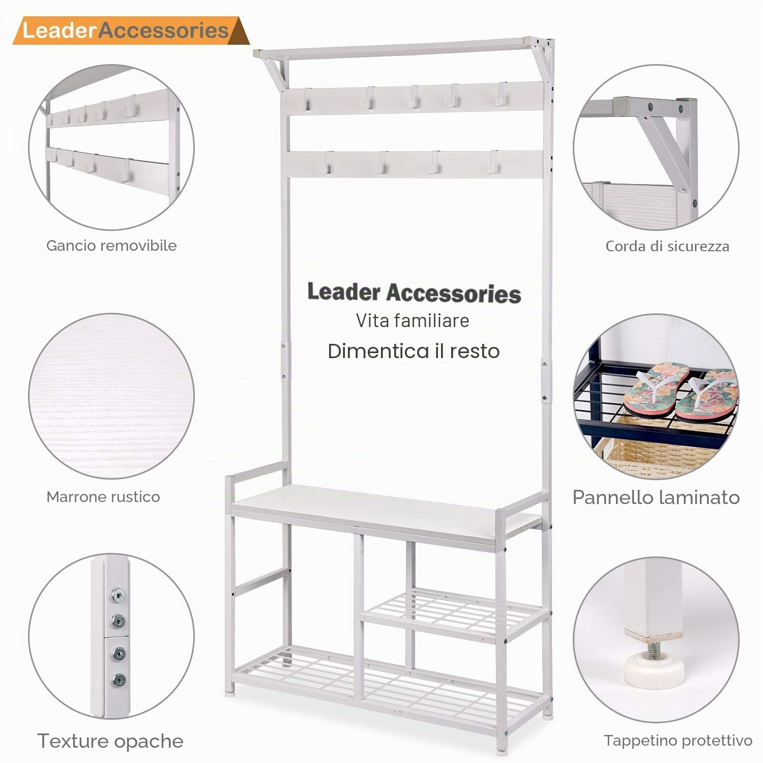 Leader Accessories Appendiabiti, Attaccapanni Autoportante, Scarpiera con Panca, Ganci Rimovibili, Mobile Ingresso Corridoio, Altezza di 183 cm, Industriale, Struttura in Metallo, Bianco