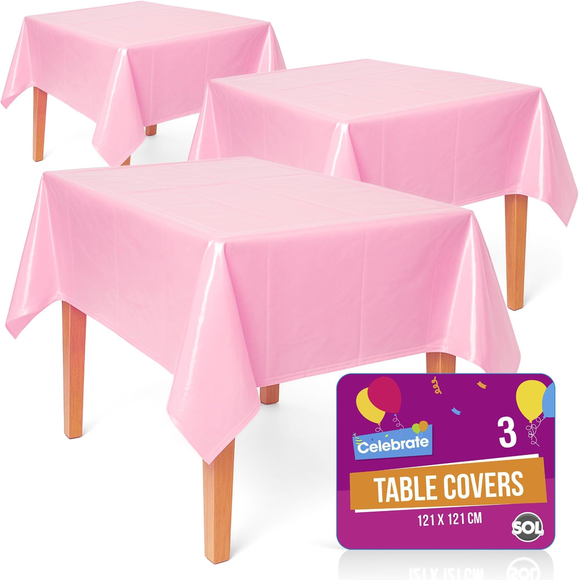 SOL 3pk Solid Lovely Pink Table Cloth Party 121x121cm Christmas Decorations Wipe Clean Plastic Cover Disposable for Parties Heavy Duty Spill Protection - Birthdays, Weddings, Buffets, Catering