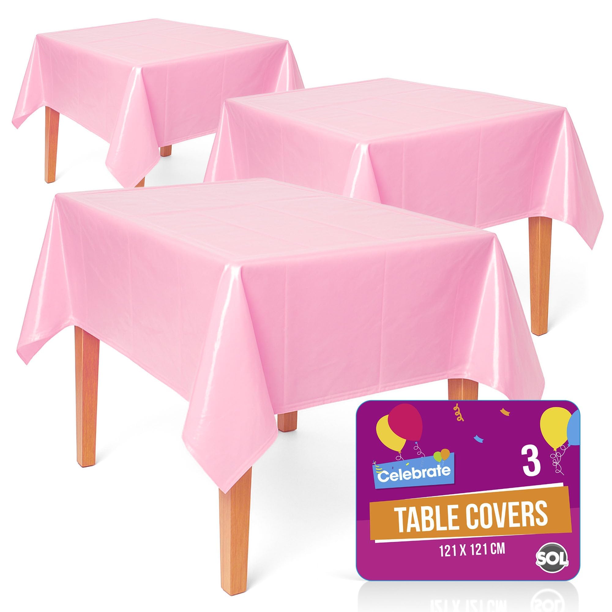 Sol Pink 3Pk Solid Lovely Table Cloth Party 121X121cm Christmas Decorations Wipe Clean Plastic Cover Disposable For Parties Heavy Duty Spill Protection - Birthdays, Weddings, Buffets, Catering