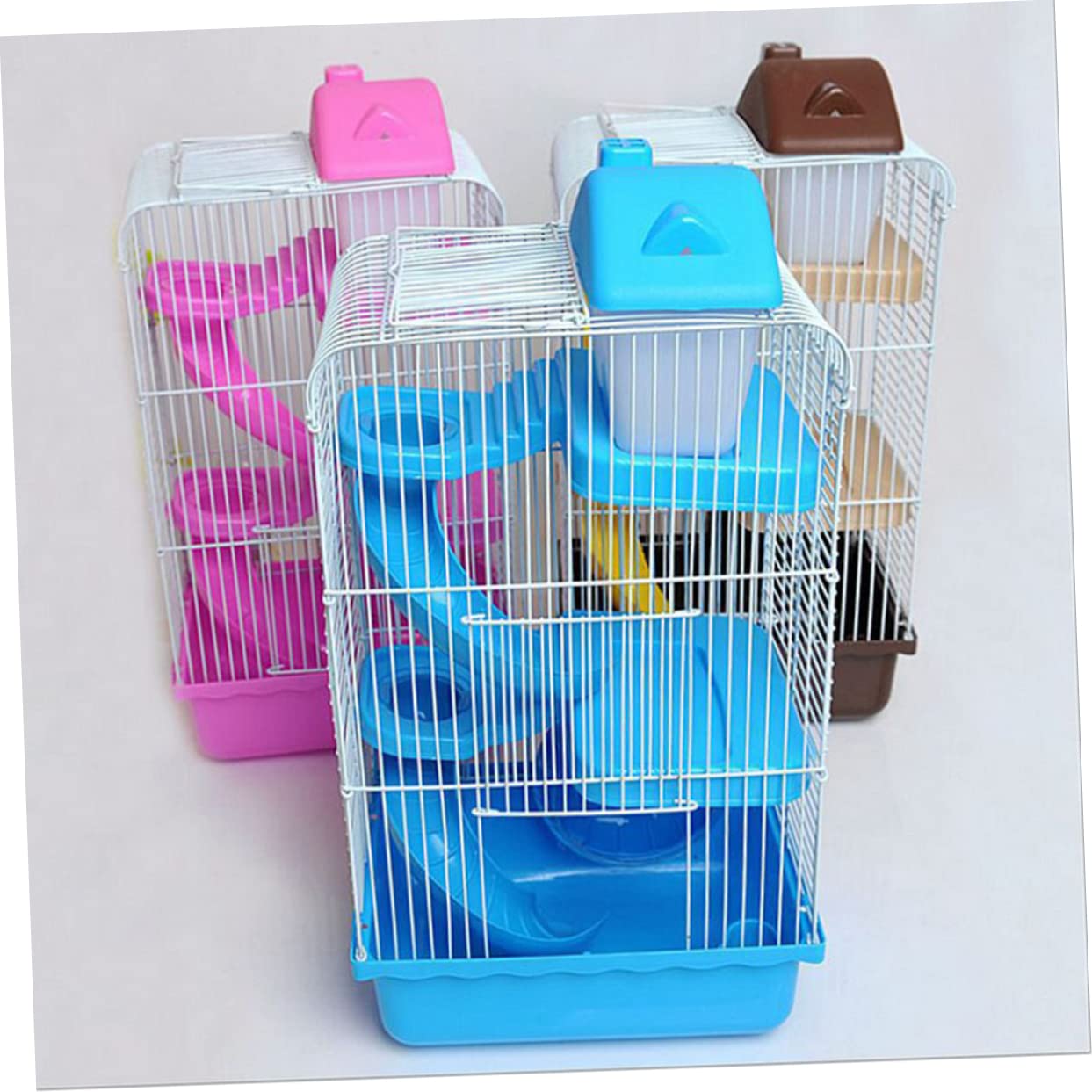 Gabbia per Criceti a Tre Livelli Ruota e Beverino Blu | Pp e Filo di Ferro, Struttura a Scivolo Multilivello, 23×17×45cm per Cincillà e Piccoli Animali