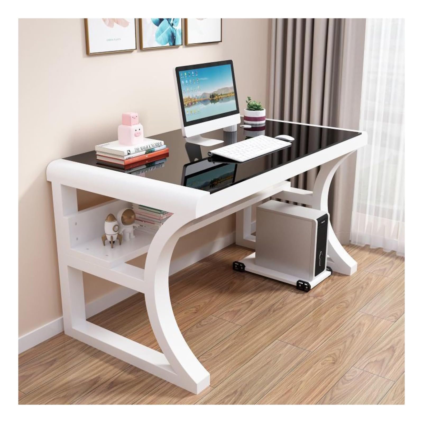 Wdsopk Black2 Computer Desk Home Office Desk Tempered Glass Computer Desk, Modern Simple Computer Desk With Storage Shelves,Modern Student Study Table, Workstation（-120X60x75cm）