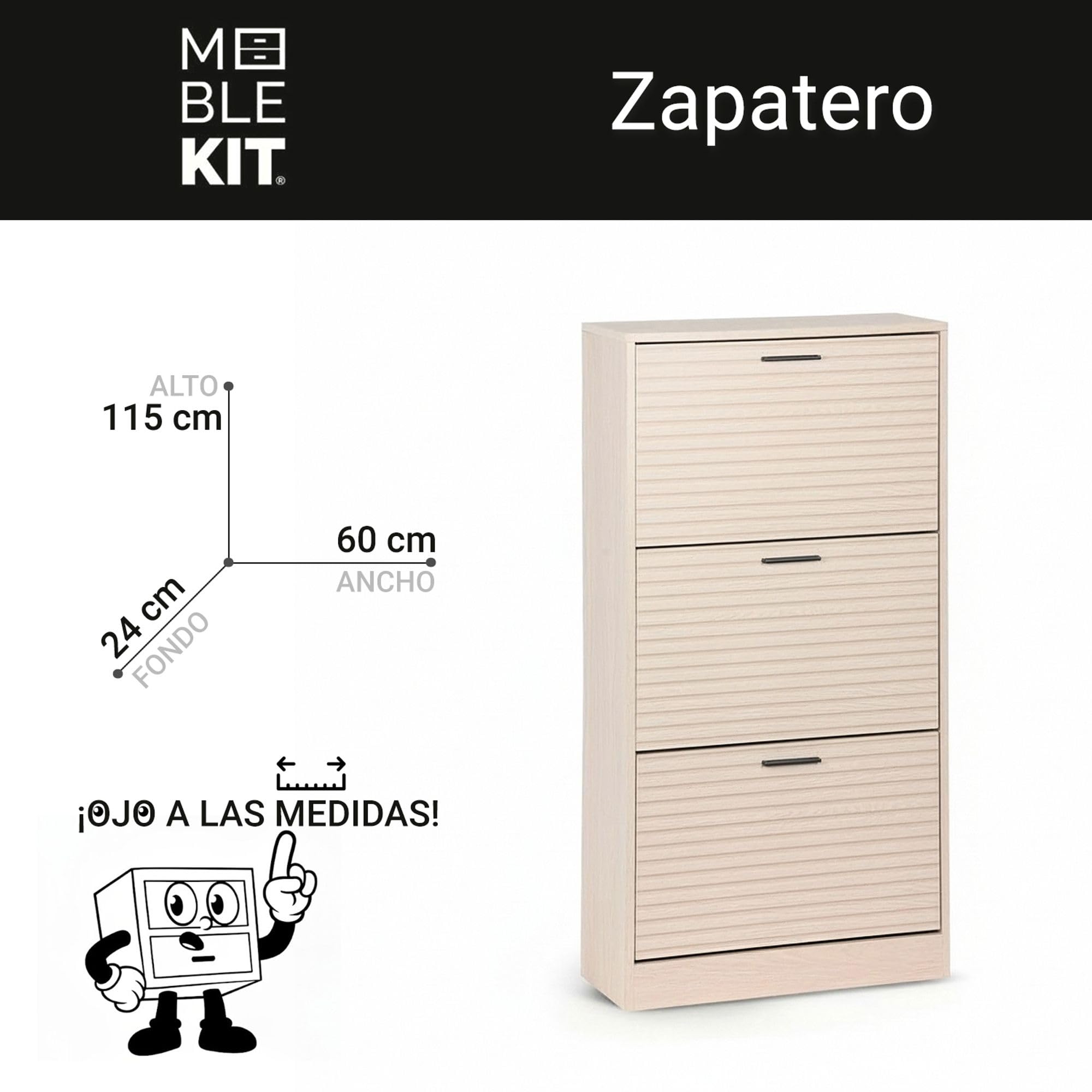INDE MOBLEKIT | Zapatero 3 Niveles 60×24×115 cm Acabado Slat, Mueble Zapatero Entrada Estrecho con Puertas Abatibles, Organizador de Zapatos para Recibidor o Dormitorio