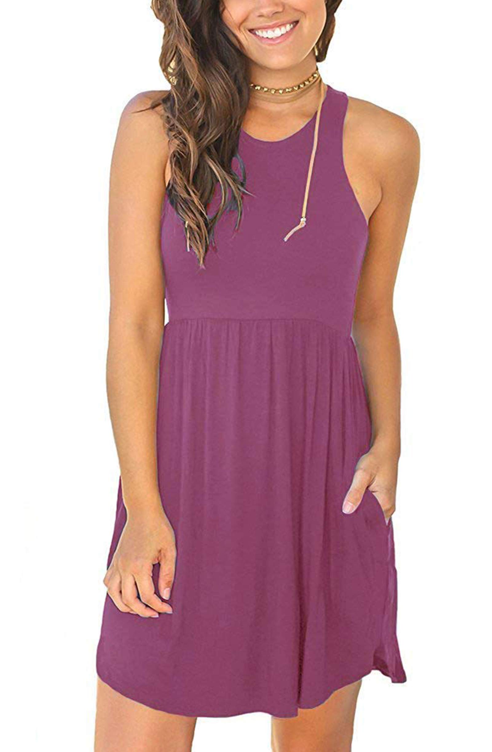Women's Sleeveless Loose Plain Dresses Casual Short Dress with Pockets