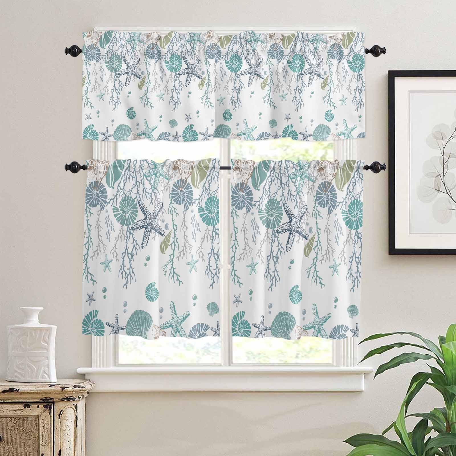 Ocean Coastal Kitchen Curtains 36 Inch Length,3 Piece Rod Pocket Small Half Tiers and Valance Set,Nautical Starfish Conch Seashells Coral Small Large Window Treatment Decor for Bedroom/Bathroom Sink