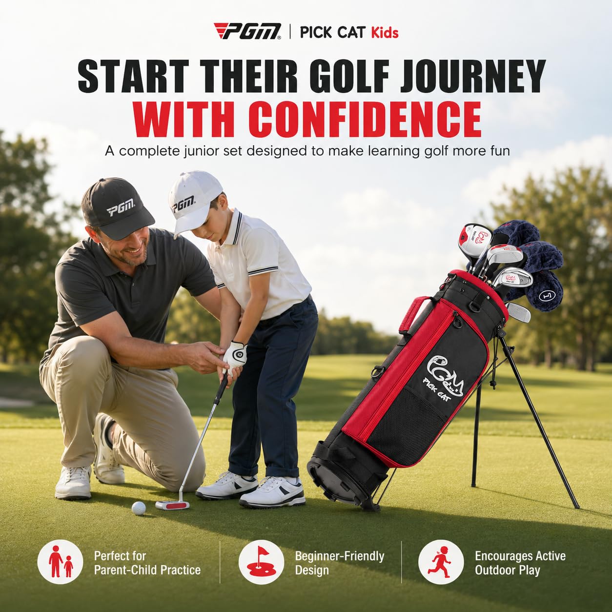 PGM Junior Golfschläger Komplettset für Kinder Kinder, 5 Golfschläger mit Standtasche und 2 Schlägerhauben für Jungen & Mädchen, rechte Hand