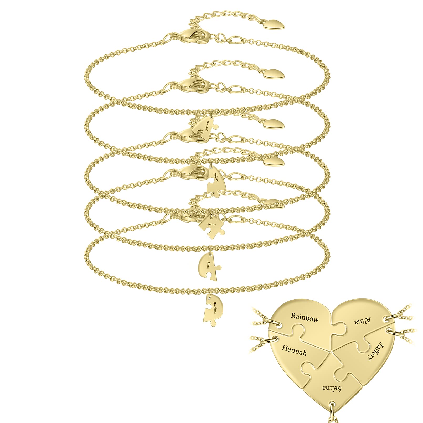 MissNaNa 7.8" Friendship Bracelets for 2/3/4/5/6 Personalized BFF Bracelets Custom Family/Friend Name Bracelet Heart Puzzle Bracelets for Women