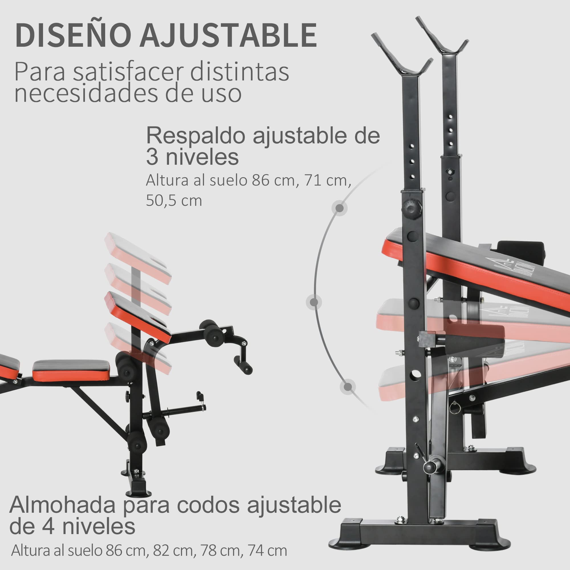 HOMCOM Banco de Pesas Multifuncional Banco de Musculación con Respaldo Ajustable Soporte de Barras Extensión de Piernas Almohadilla de Predicador Mariposa Entrenamiento en Gimnasio Oficina Negro