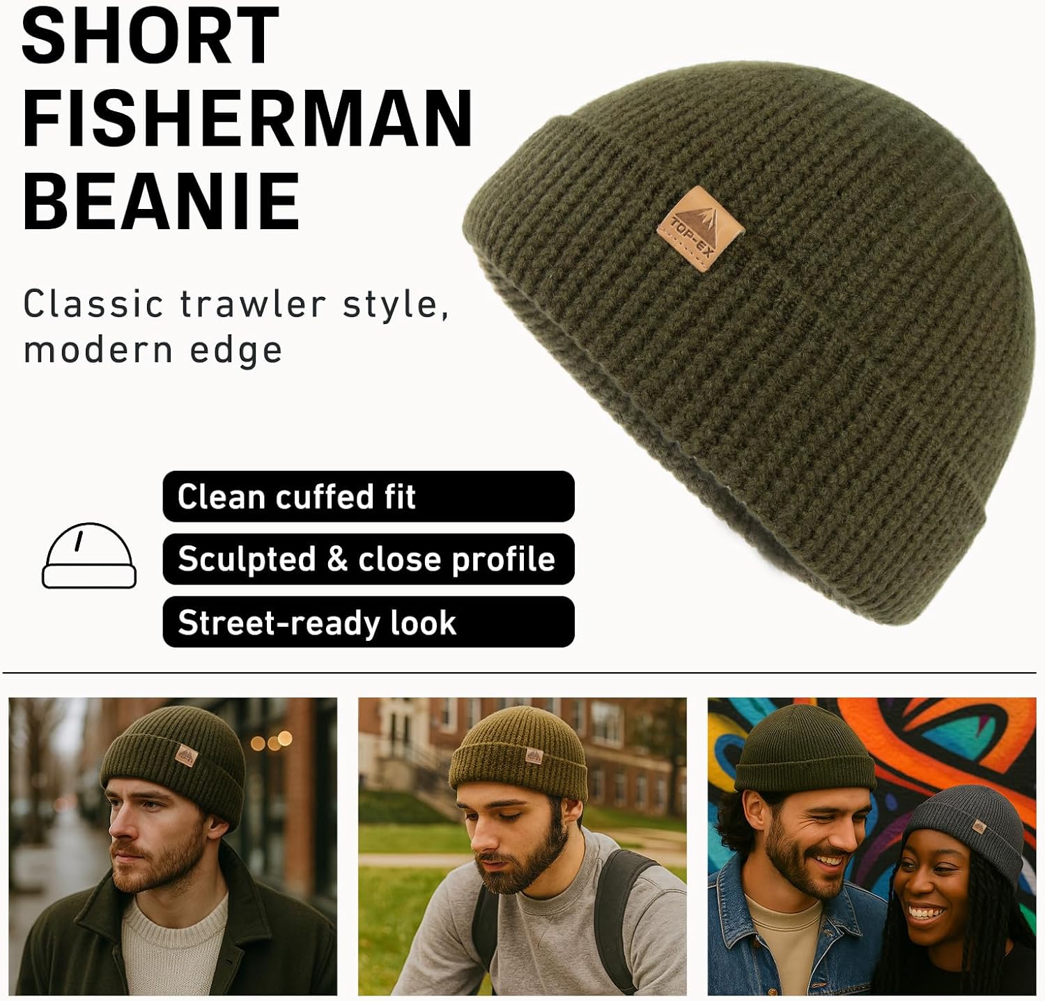 TOP-EX 100% Australian Merino Wool Fisherman Beanie, Short Cuffed Knit